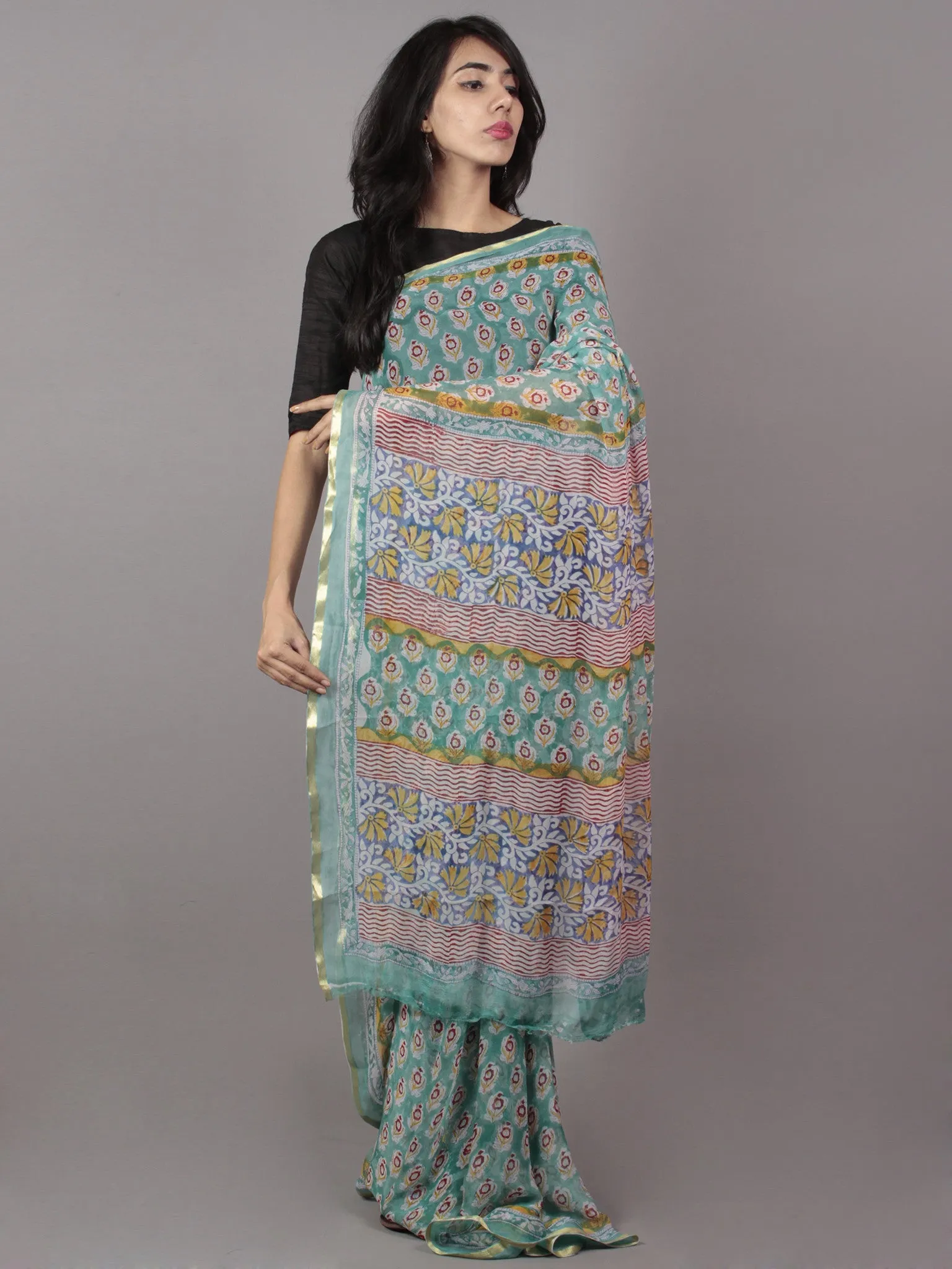 Aqua Blue Red Yellow Hand Block Printed Chiffon Saree - S031701706