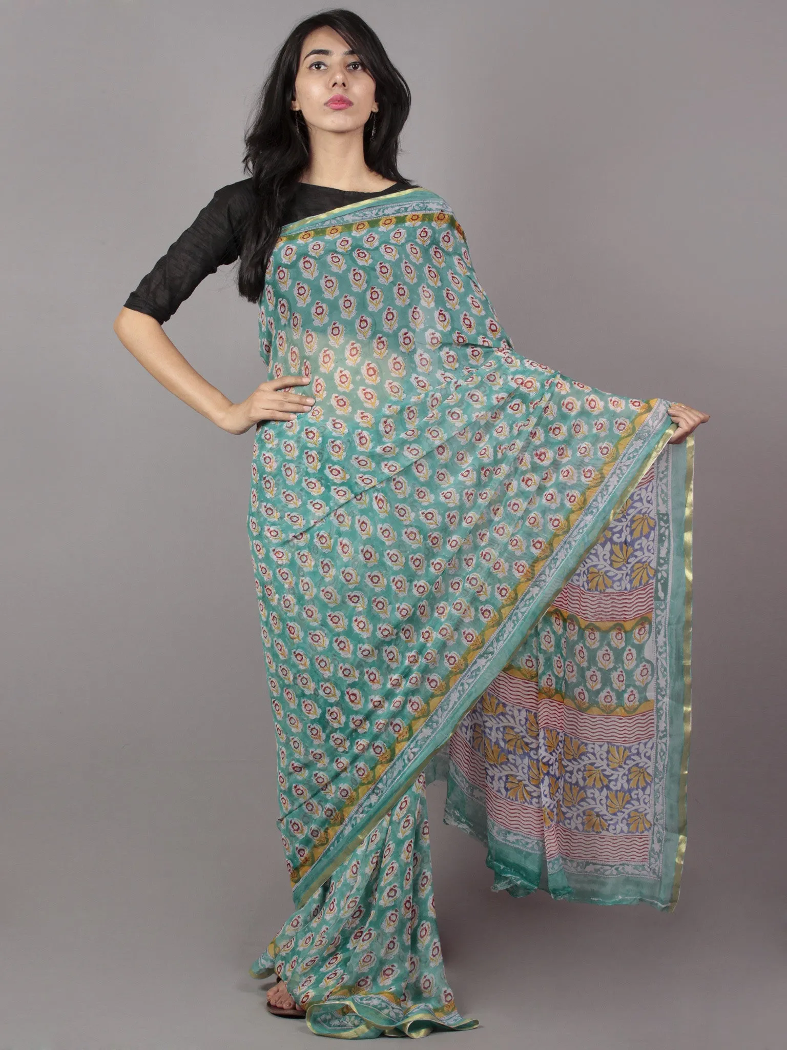 Aqua Blue Red Yellow Hand Block Printed Chiffon Saree - S031701706