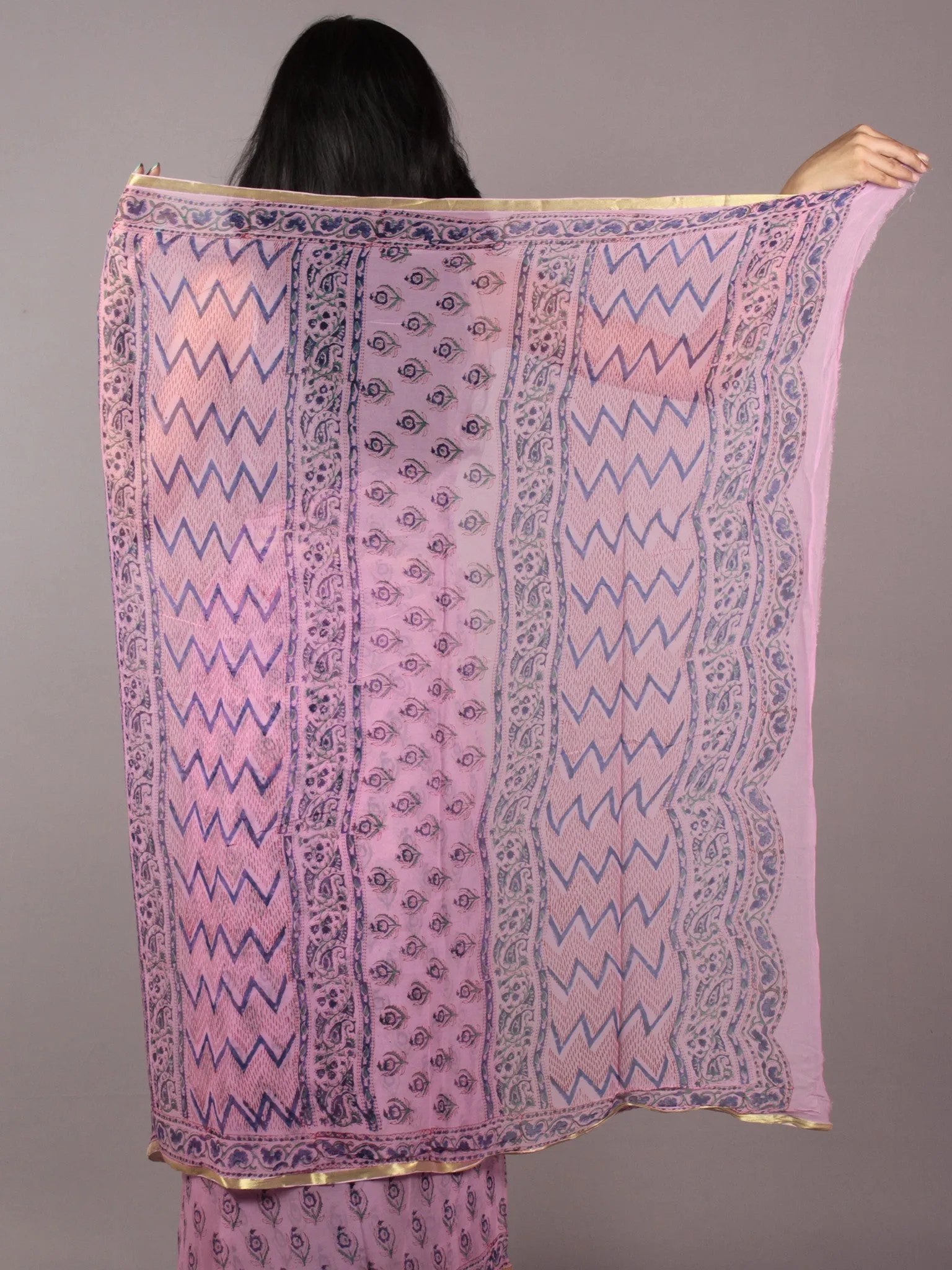 Baby Pink Purple Green Hand Block Printed Chiffon Saree - S031701868