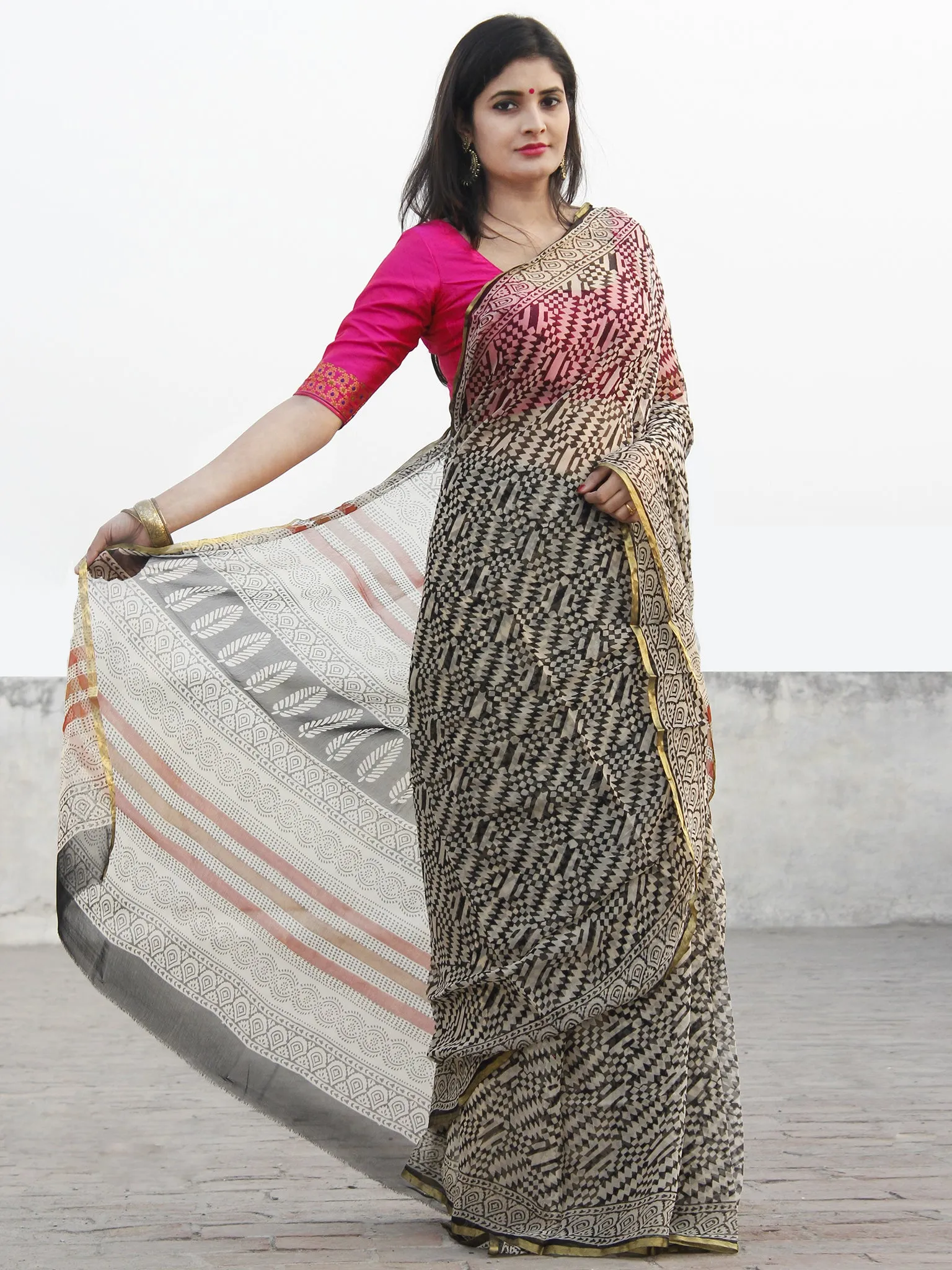 Beige Black Hand Block Printed Chiffon Saree With Zari Border - S031702576