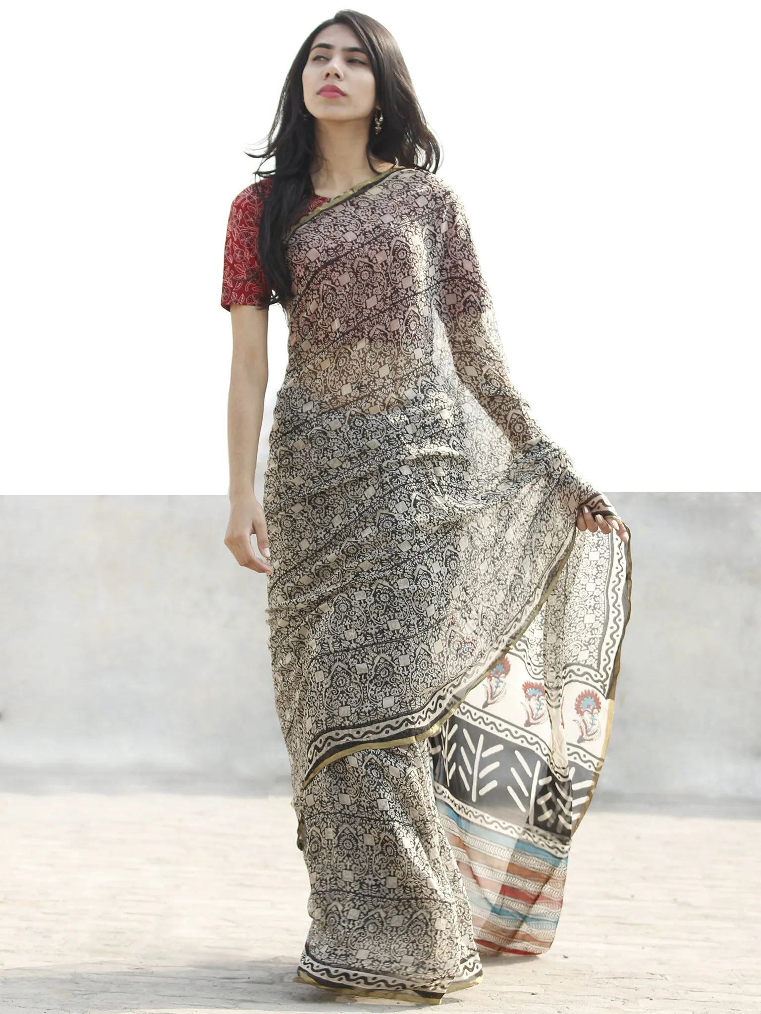 Beige Black Hand Block Printed Chiffon Saree with zari border- S031702667