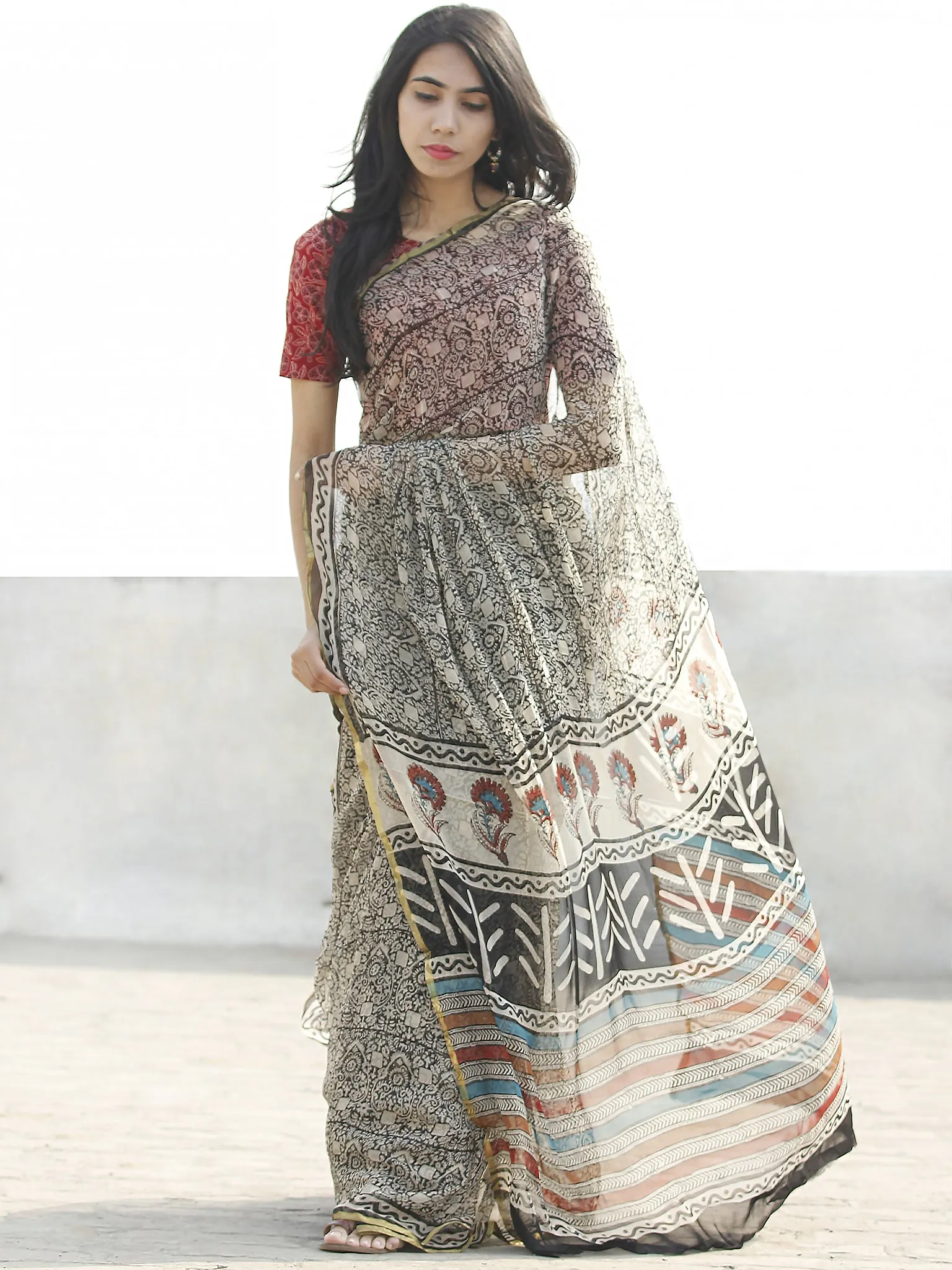 Beige Black Hand Block Printed Chiffon Saree with zari border- S031702667