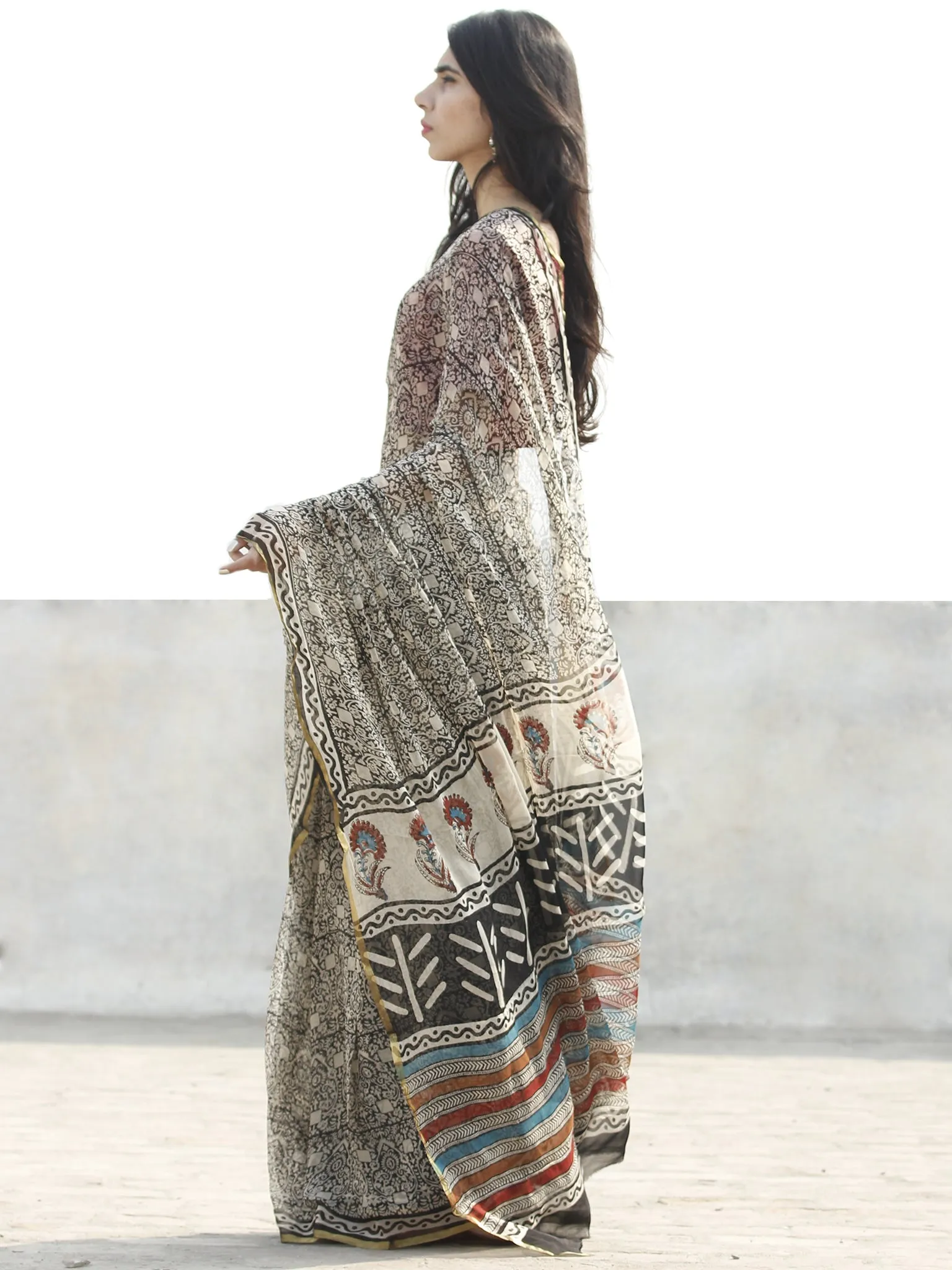 Beige Black Hand Block Printed Chiffon Saree with zari border- S031702667