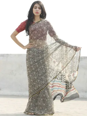 Beige Black Hand Block Printed Chiffon Saree with zari border- S031702667