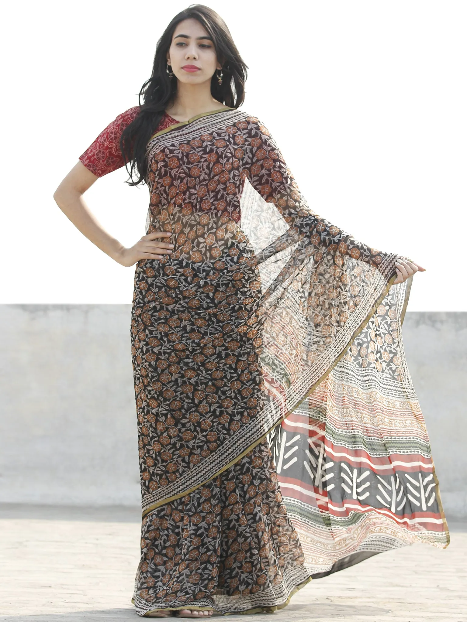 Beige Black Red Hand Block Printed Chiffon Saree with zari border- S031702659