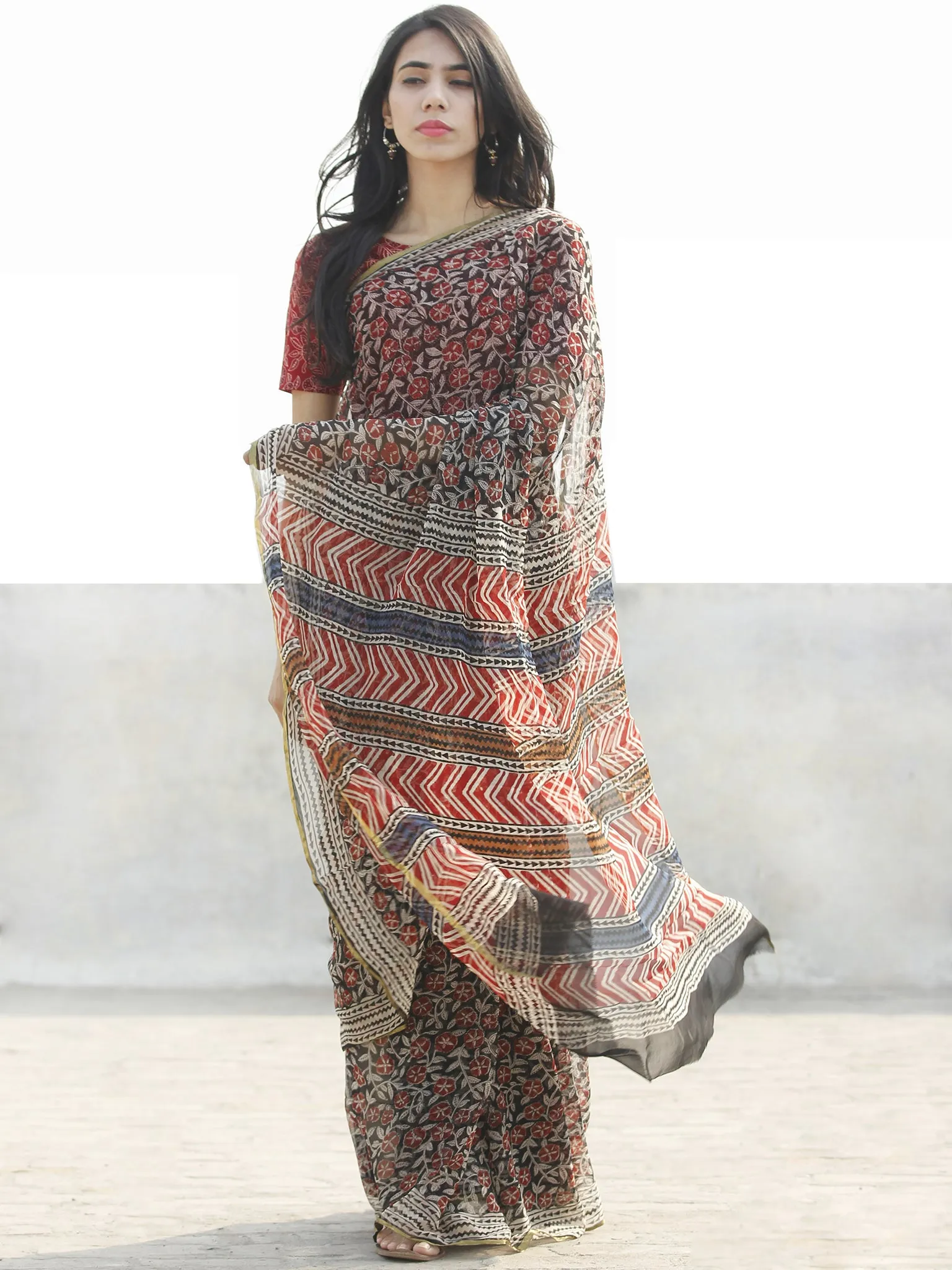 Beige Black Red Hand Block Printed Chiffon Saree with zari border- S031702669