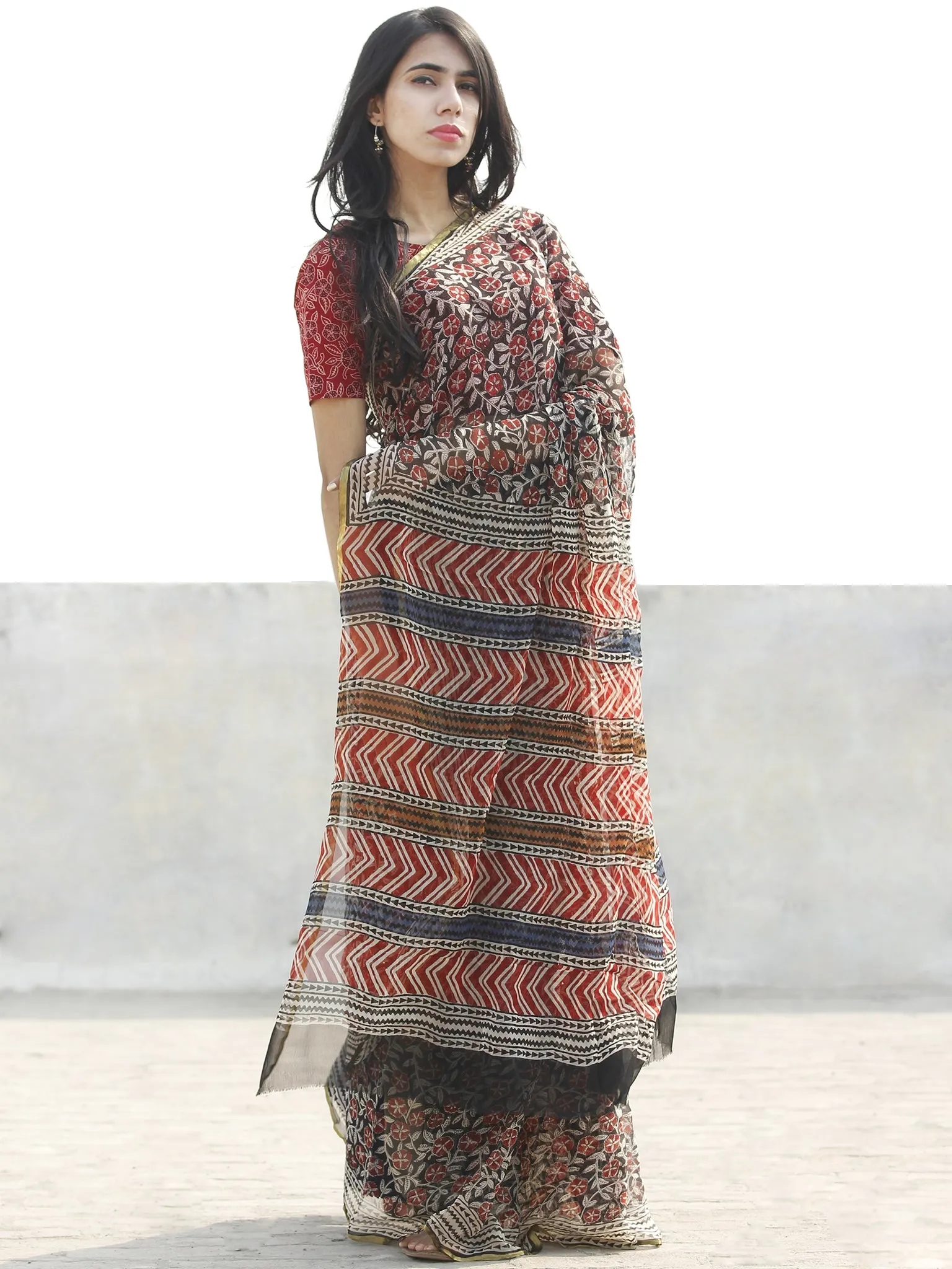 Beige Black Red Hand Block Printed Chiffon Saree with zari border- S031702669