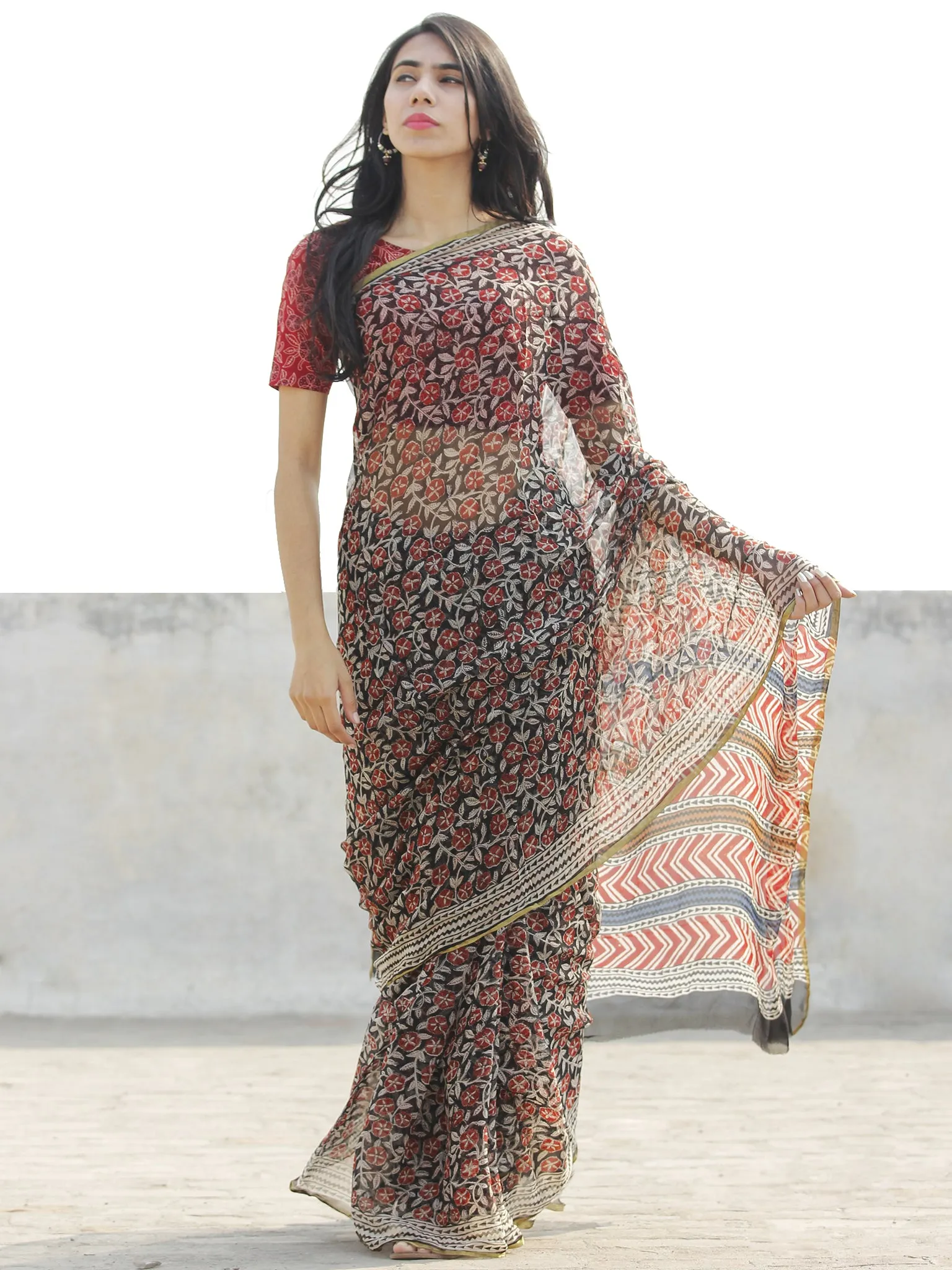 Beige Black Red Hand Block Printed Chiffon Saree with zari border- S031702669