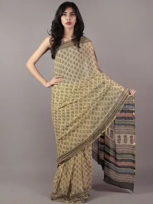 Beige Green Black Hand Block Printed Chiffon Saree - S031701865