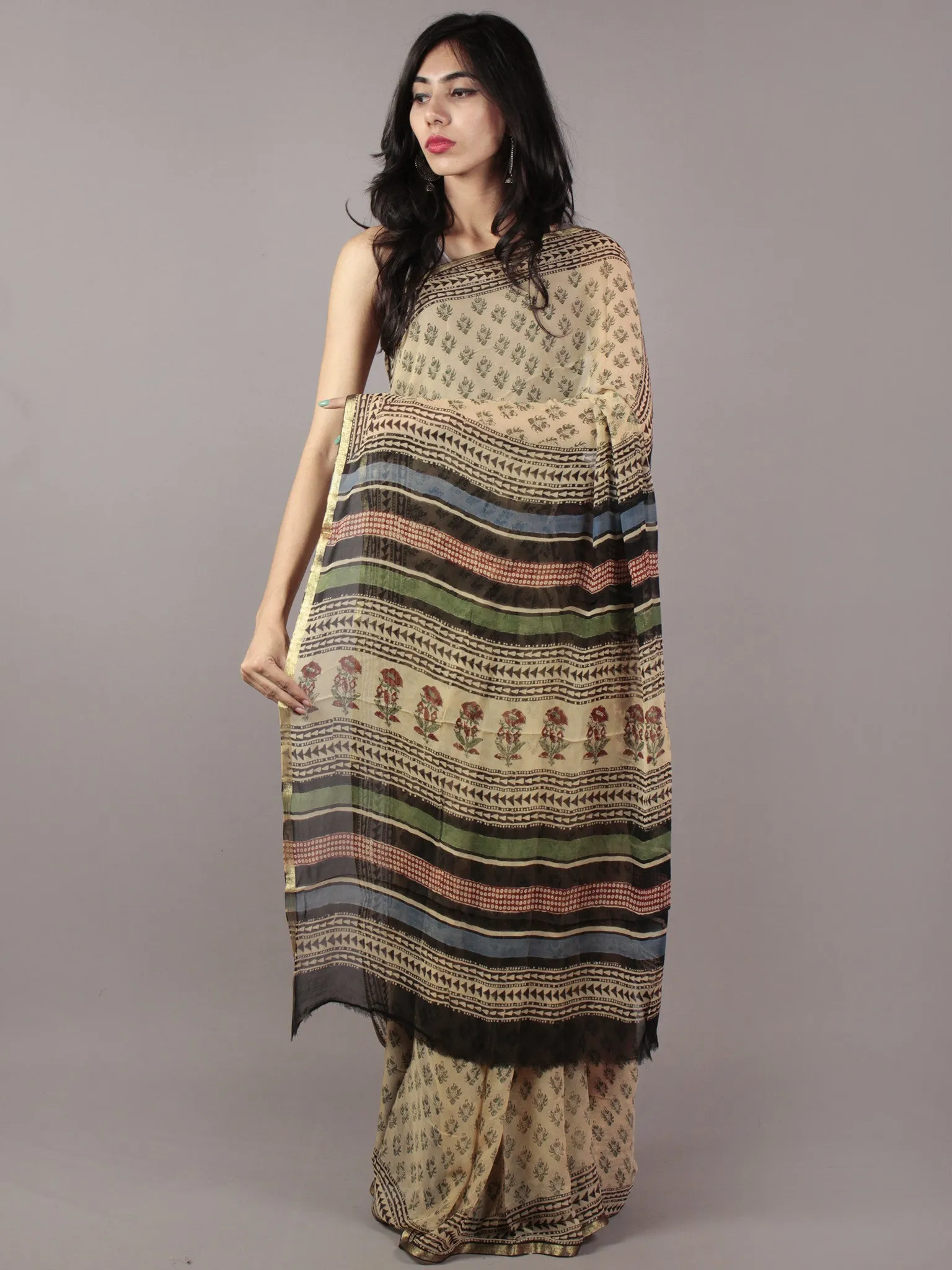 Beige Green Black Hand Block Printed Chiffon Saree - S031701865