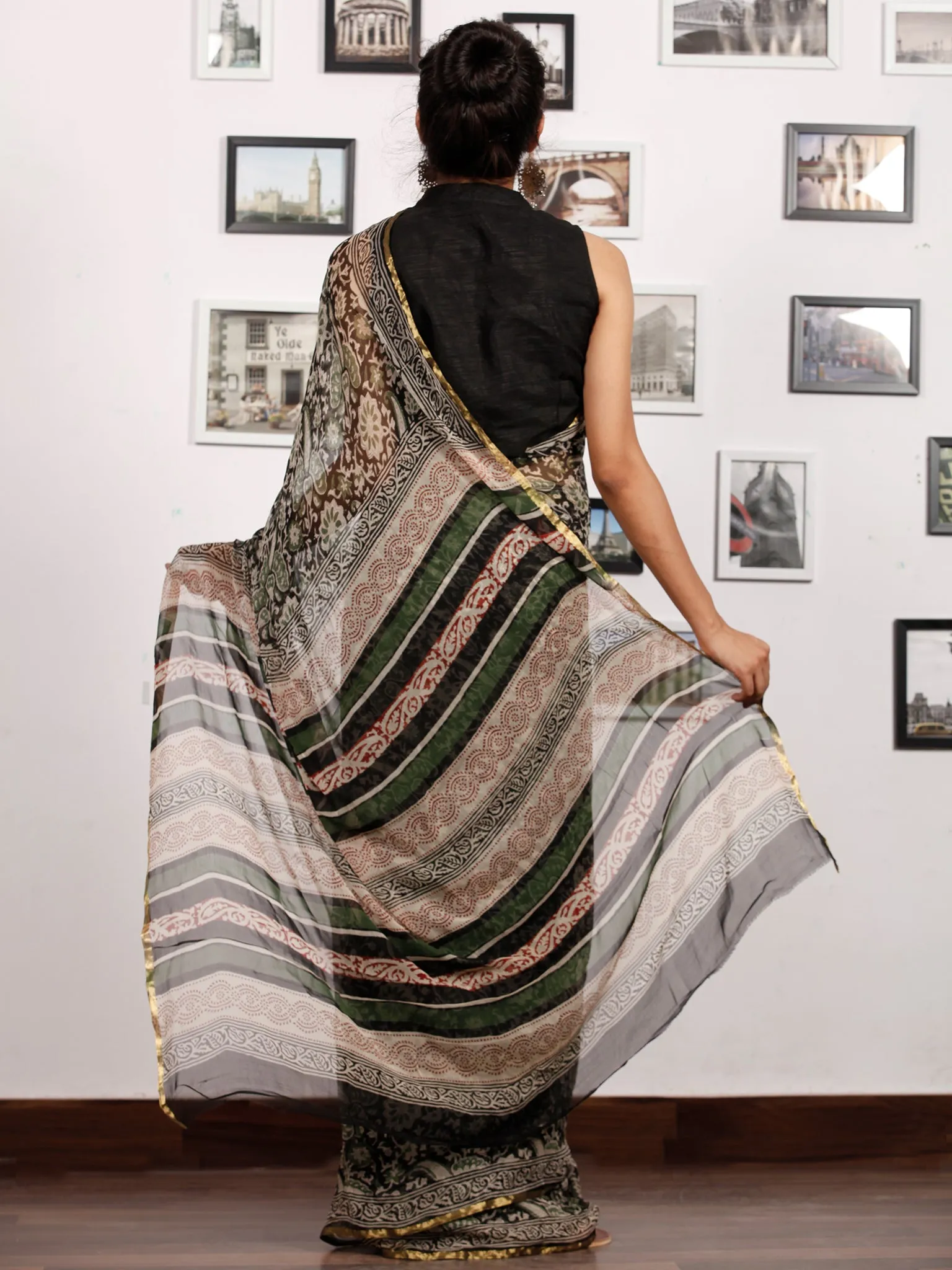 Beige Green Rust Black Hand Block Printed Chiffon Saree with Zari Border - S031703172