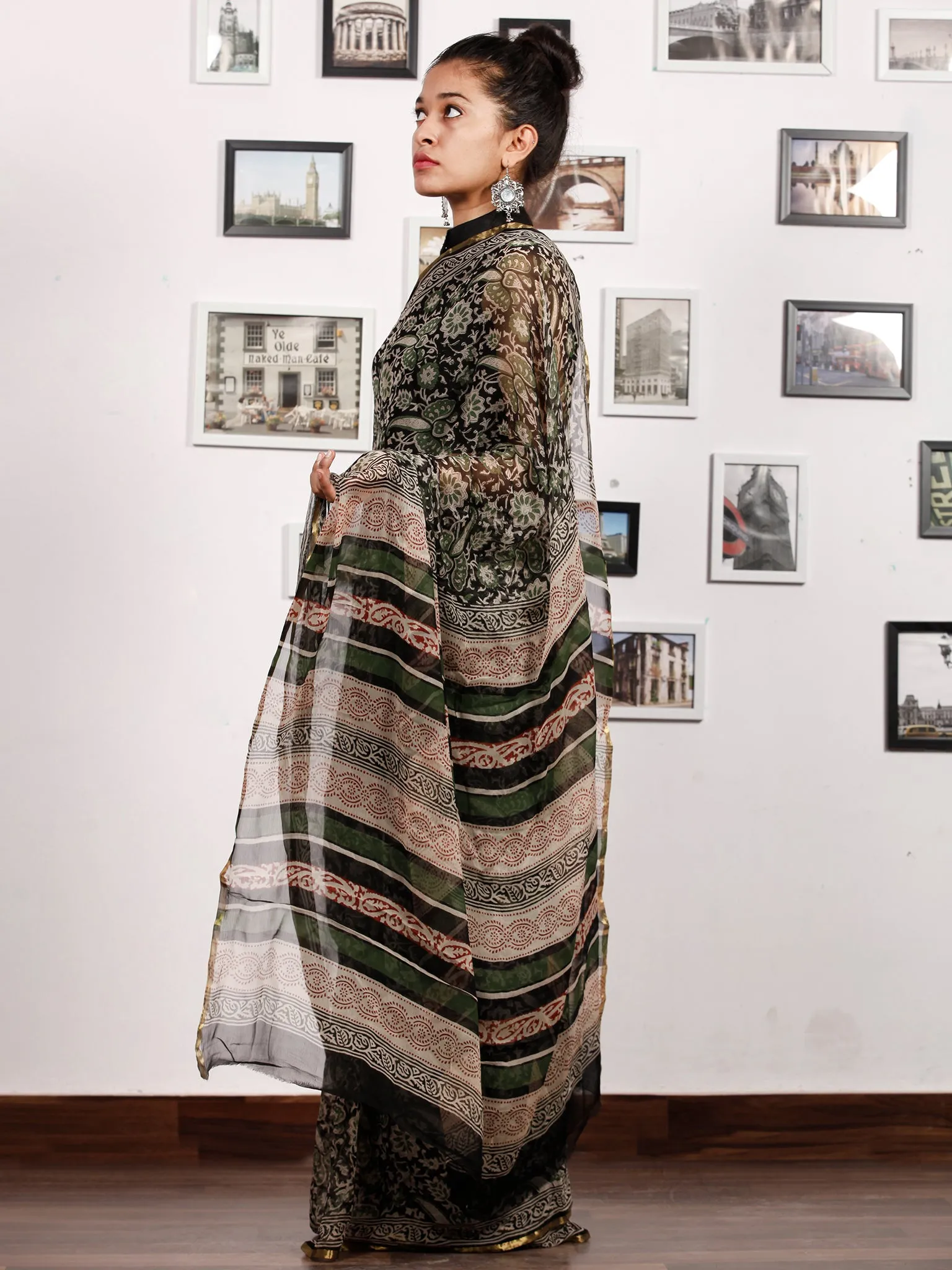 Beige Green Rust Black Hand Block Printed Chiffon Saree with Zari Border - S031703172