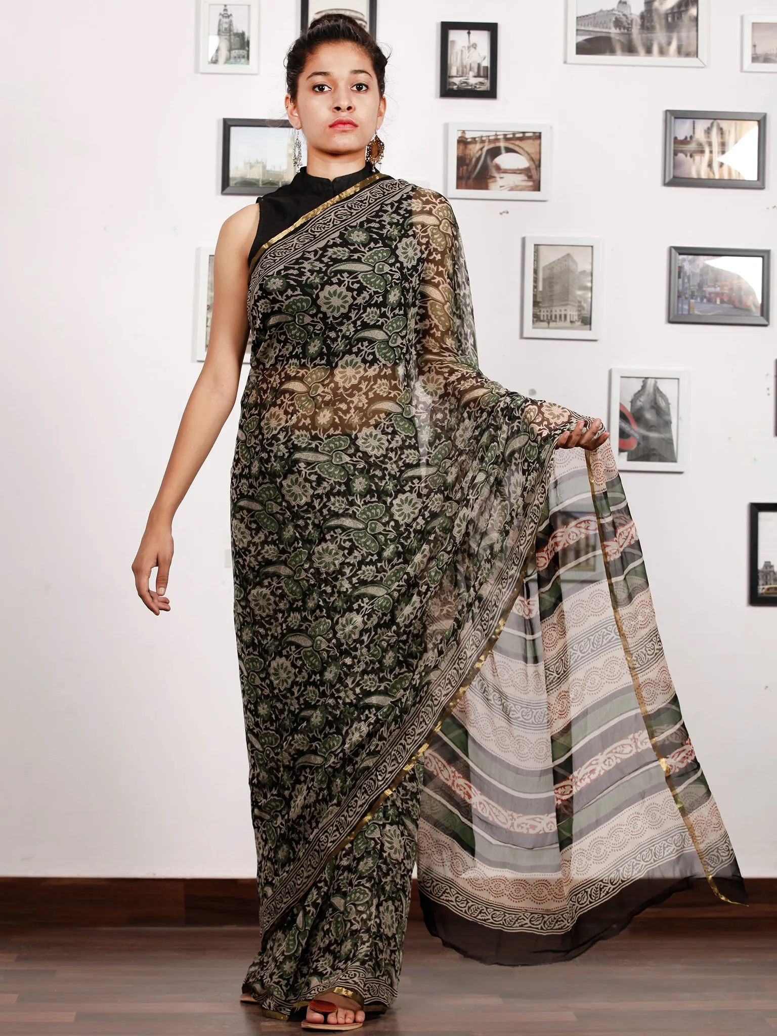 Beige Green Rust Black Hand Block Printed Chiffon Saree with Zari Border - S031703172