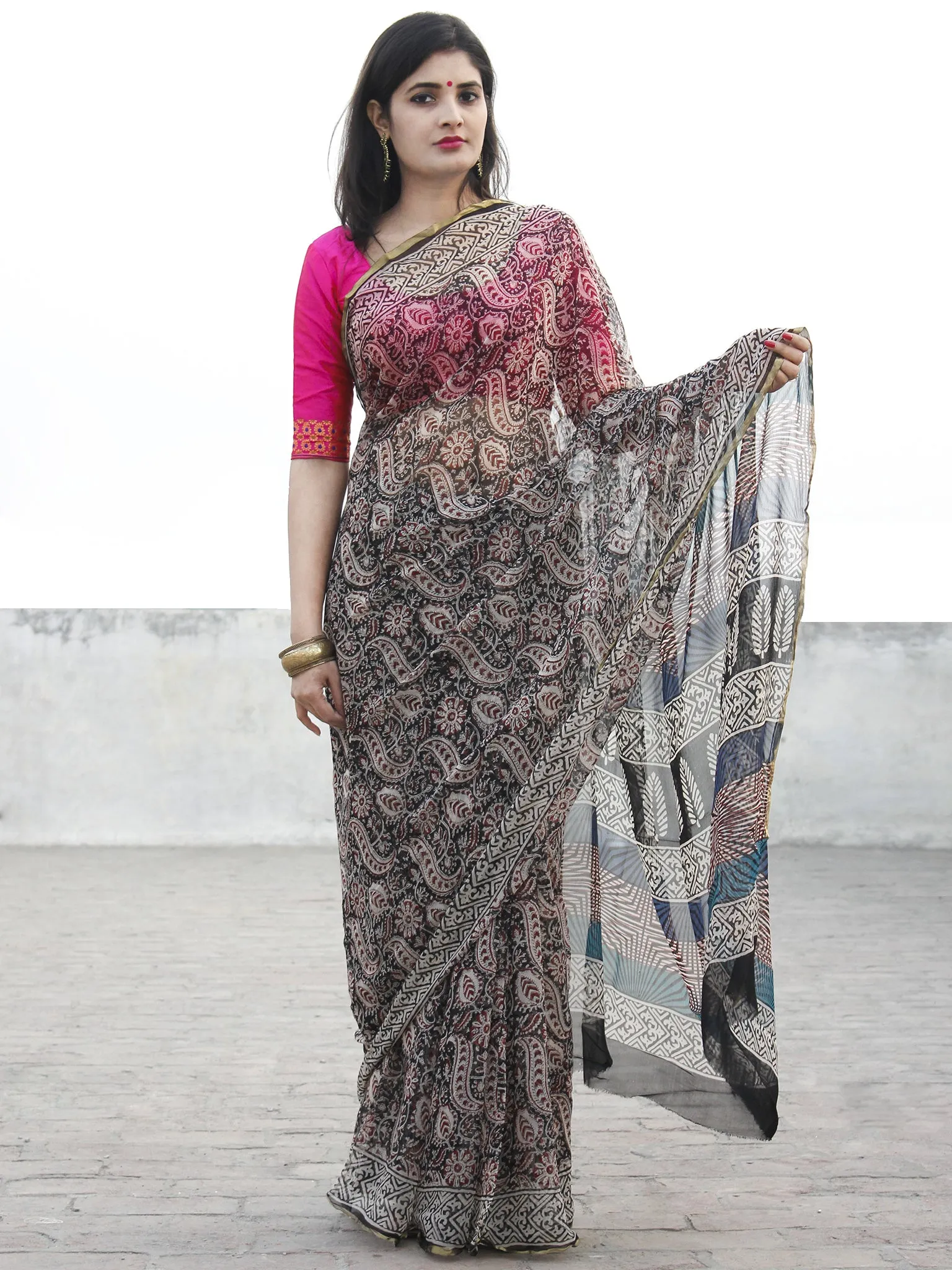 Beige Indigo Black  Hand Block Printed Chiffon Saree With Zari Border - S031702578