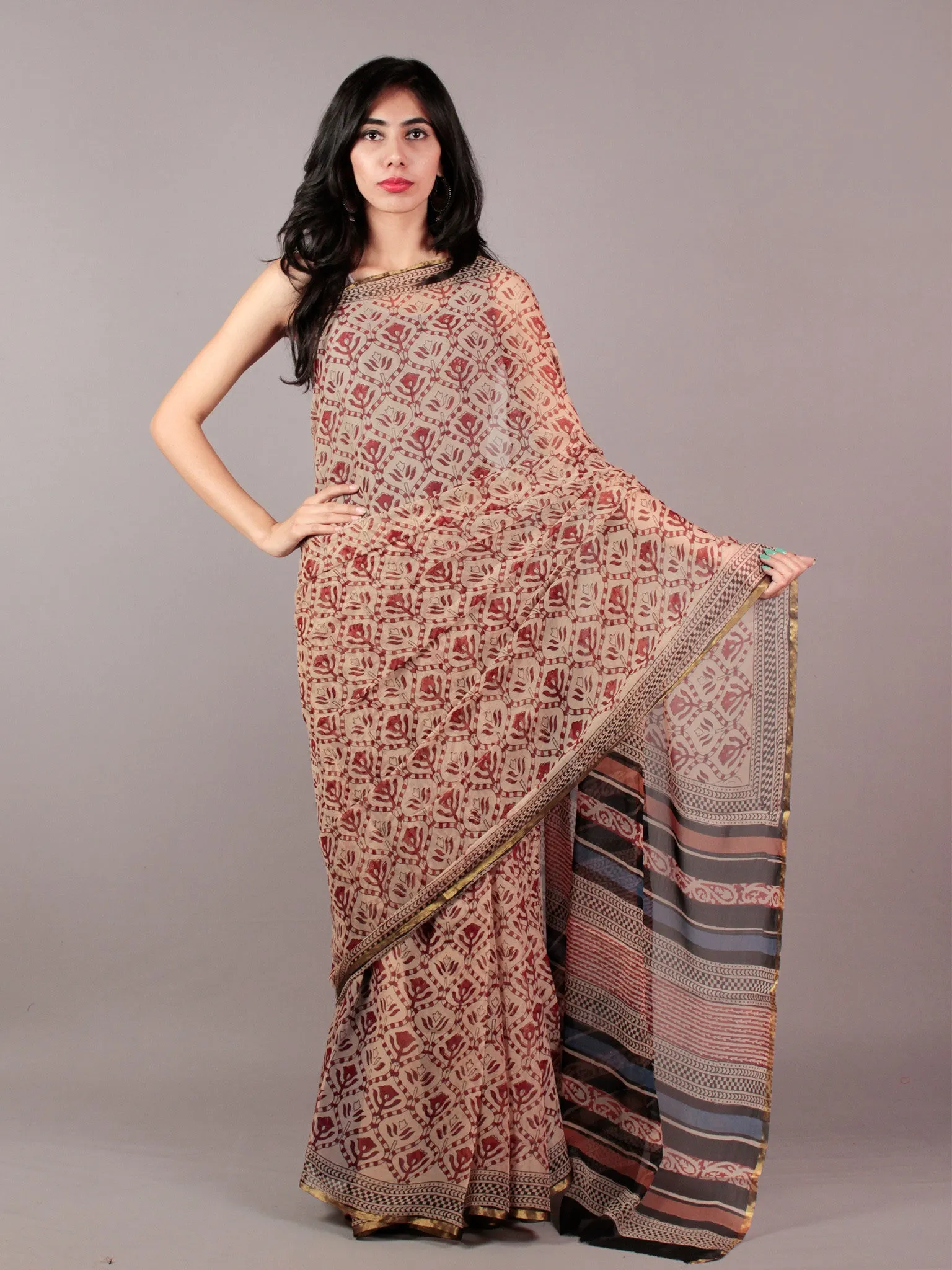 Beige Maroon Black Blue Hand Block Printed Chiffon Saree - S031701844