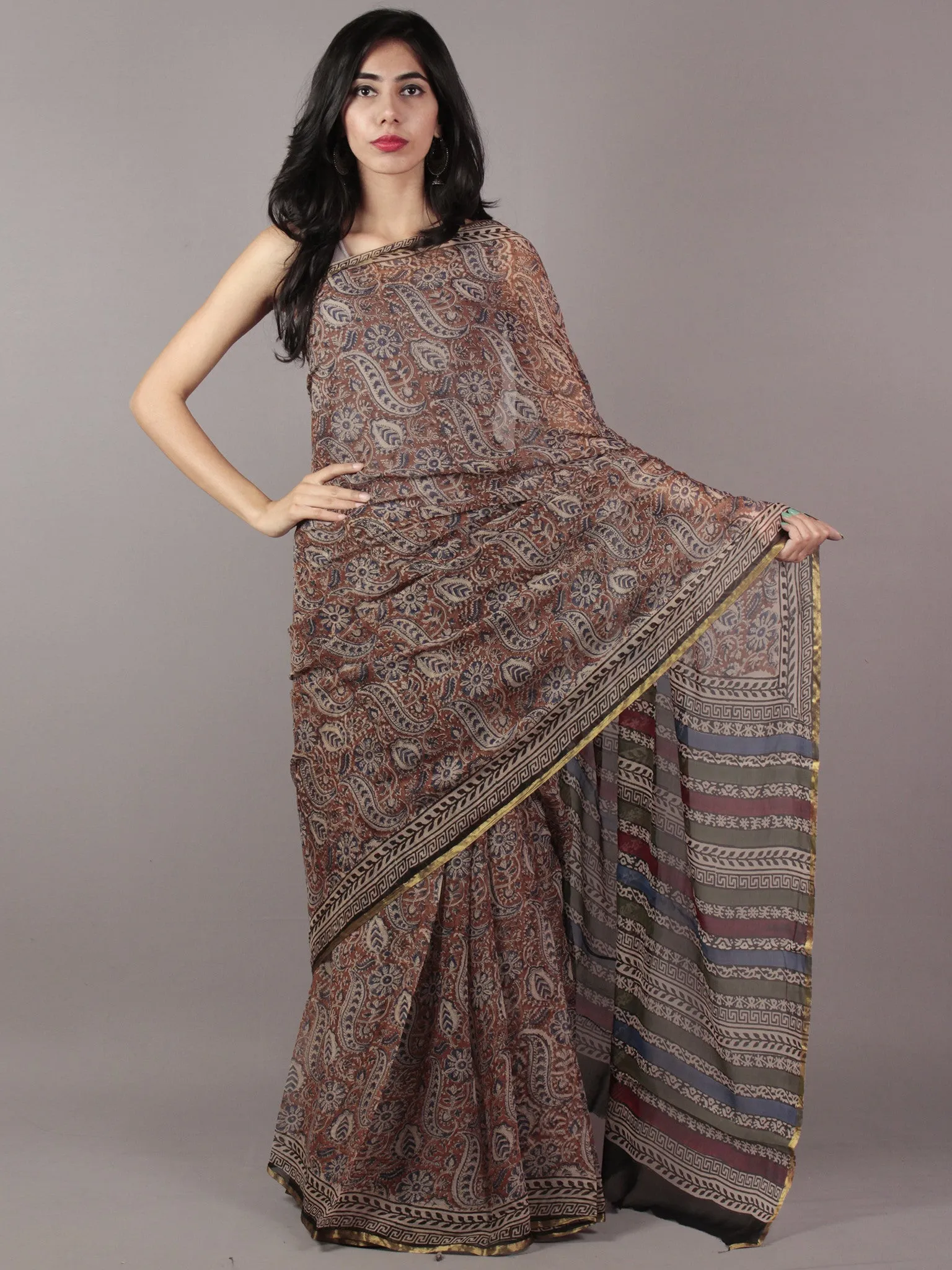 Beige Maroon Ivory Black Indigo Hand Block Printed Chiffon Saree - S031701814