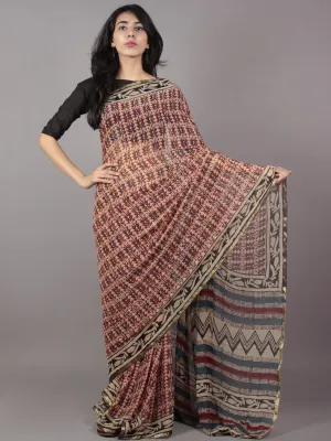 Beige Red Black Hand Block Printed Chiffon Saree - S031701685