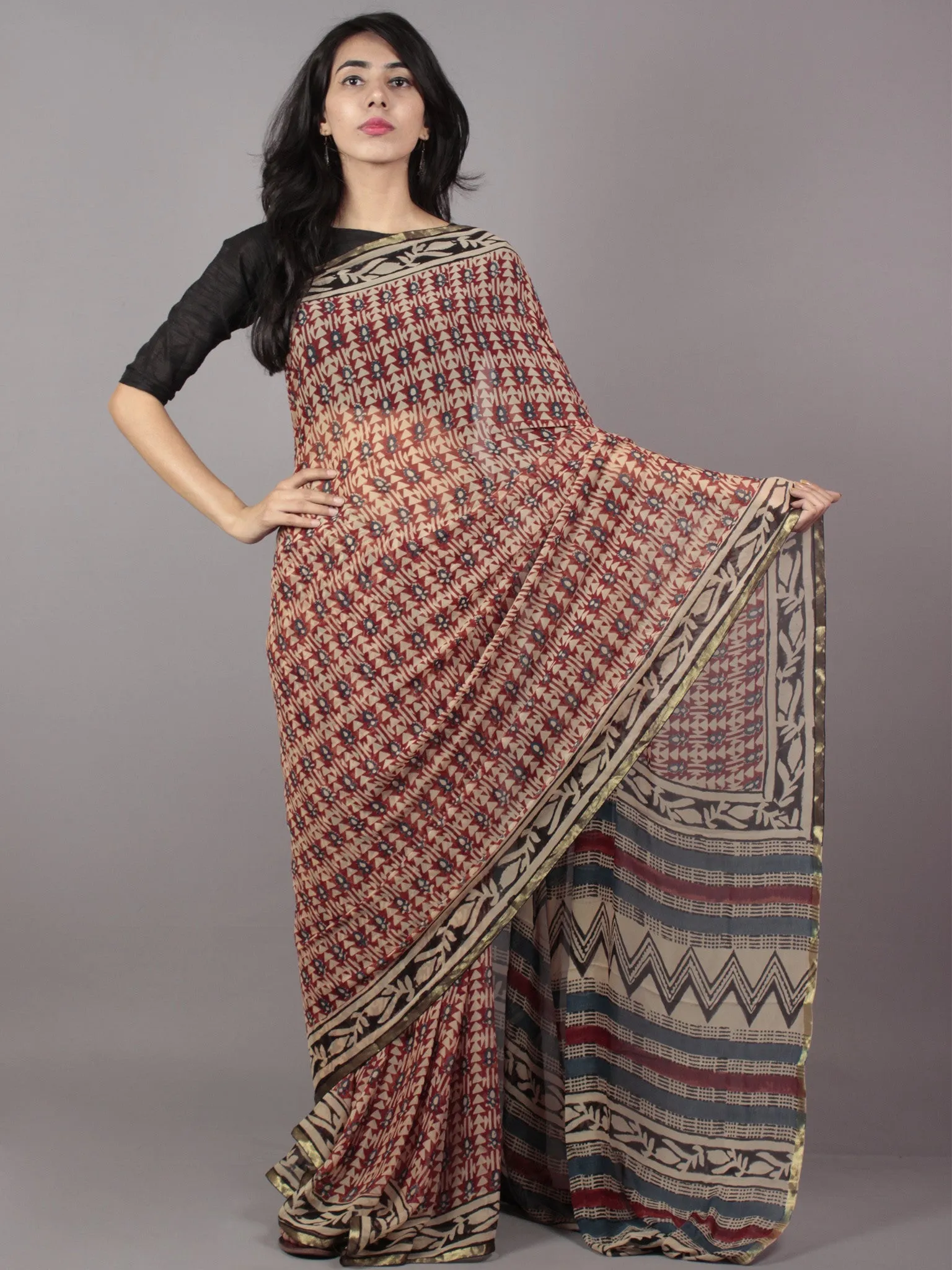 Beige Red Black Hand Block Printed Chiffon Saree - S031701685