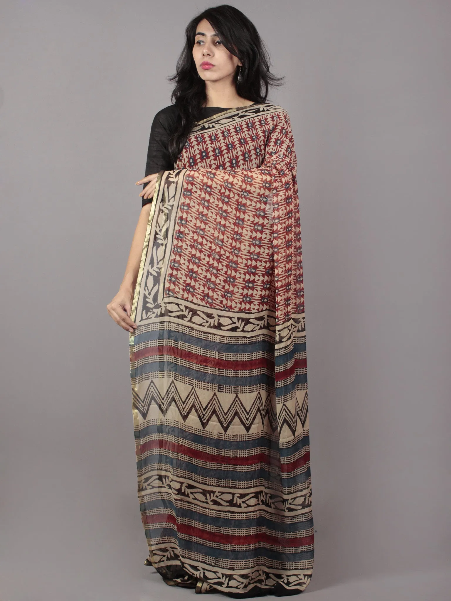 Beige Red Black Hand Block Printed Chiffon Saree - S031701685