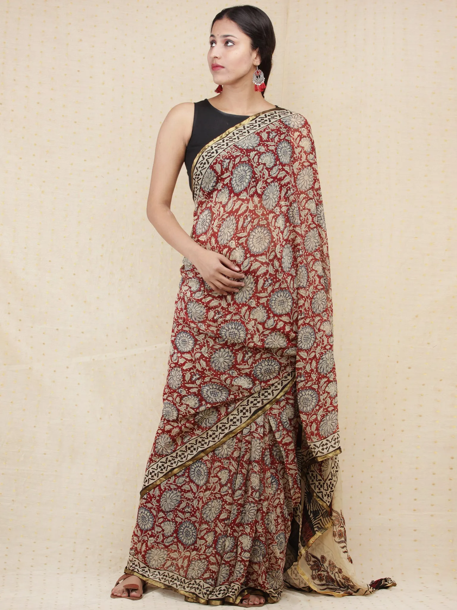 Beige Red Indigo Hand Block Printed Chiffon Saree with Zari Border - s031704157