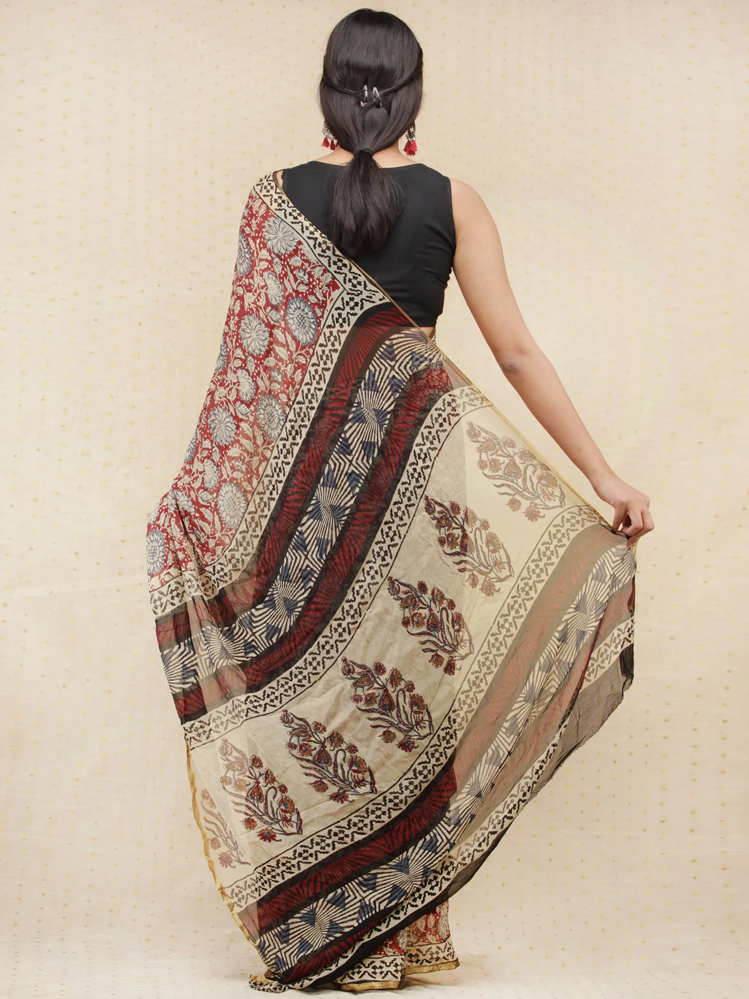 Beige Red Indigo Hand Block Printed Chiffon Saree with Zari Border - s031704157