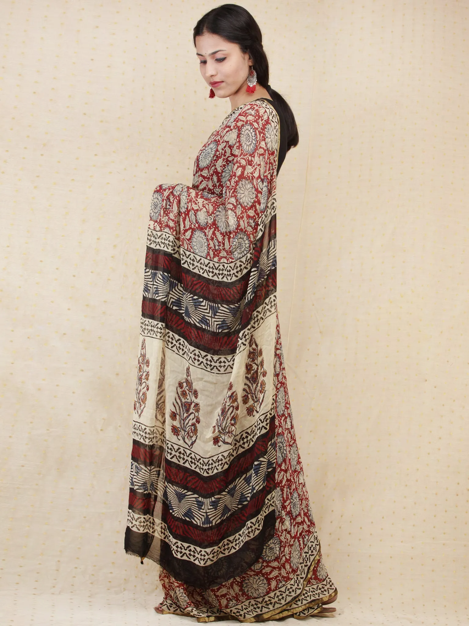 Beige Red Indigo Hand Block Printed Chiffon Saree with Zari Border - s031704157