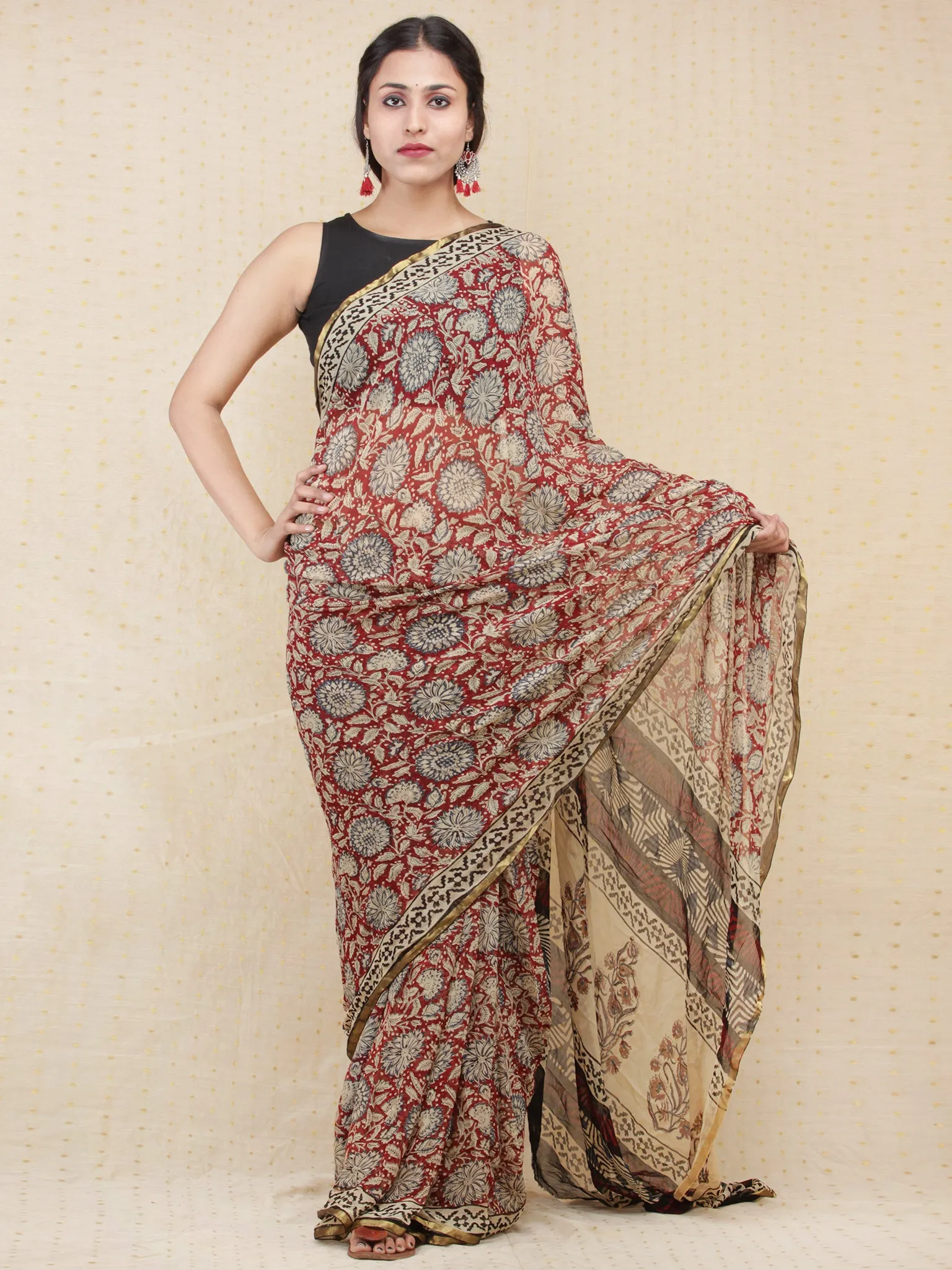 Beige Red Indigo Hand Block Printed Chiffon Saree with Zari Border - s031704157