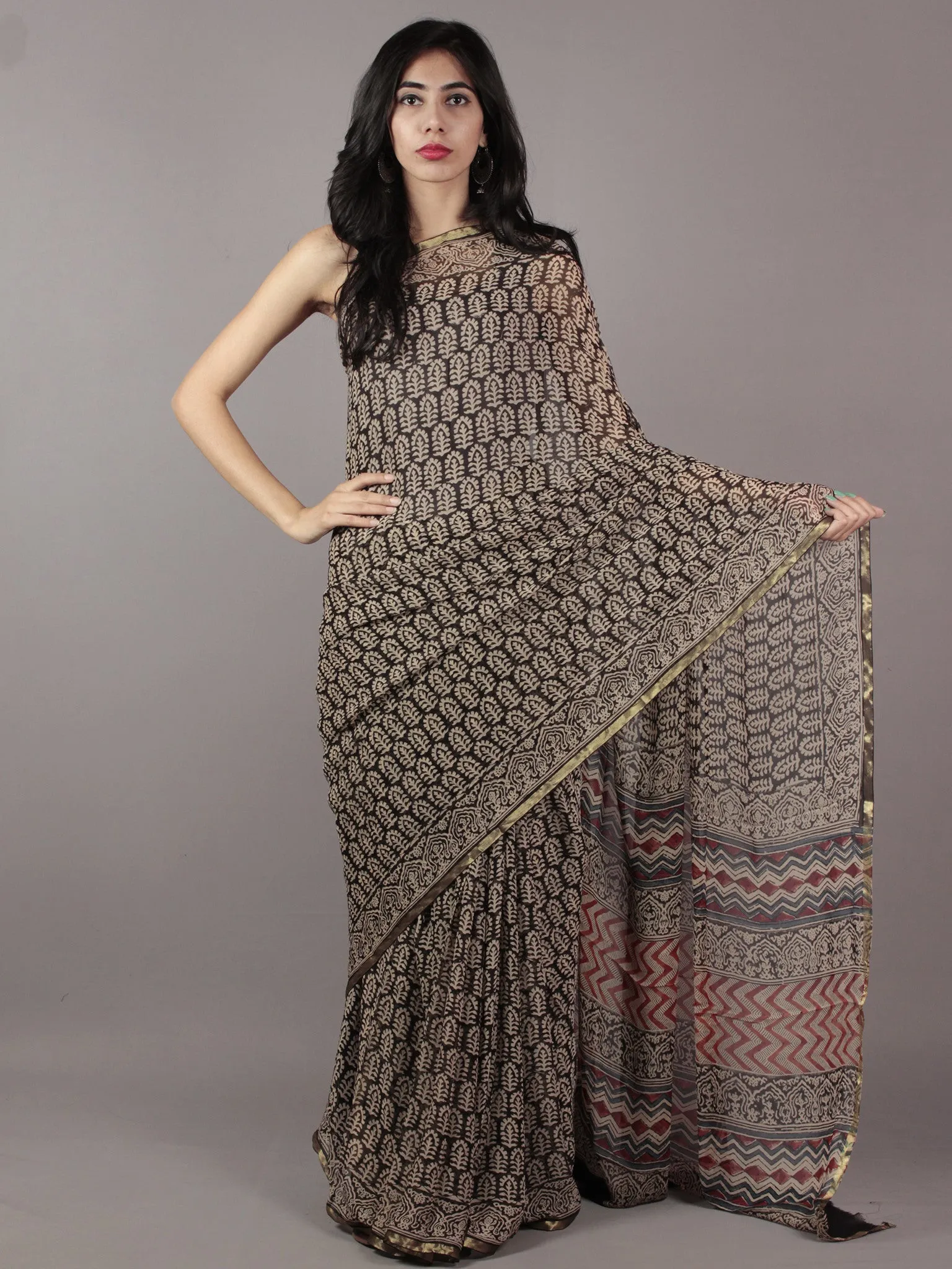 Black Beige Maroon Hand Block Printed Chiffon Saree - S031701809