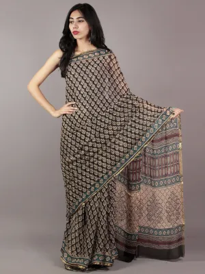 Black Beige Maroon Hand Block Printed Chiffon Saree - S031701810