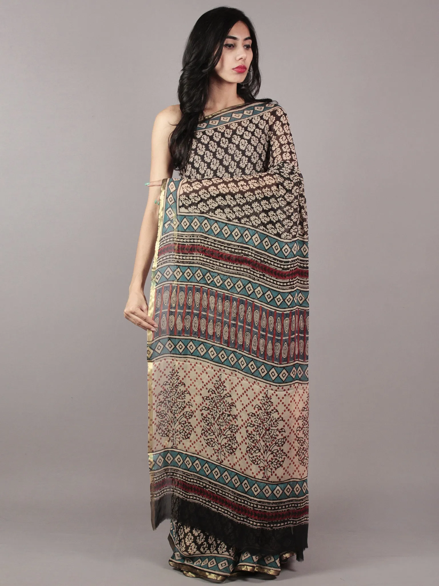 Black Beige Maroon Hand Block Printed Chiffon Saree - S031701810