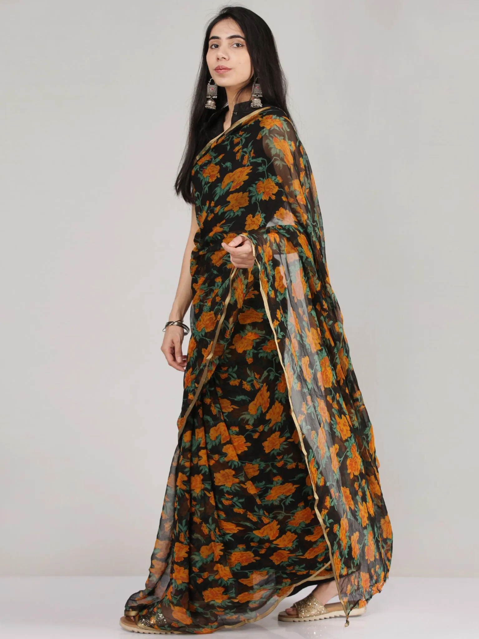 Black Orange Geen Hand Block Printed Chiffon Saree With Zari Border - S031704682