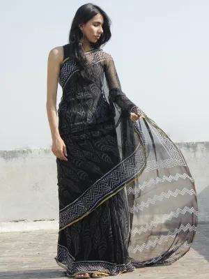 Black White Grey Hand Block Printed Chiffon Saree - S031702323