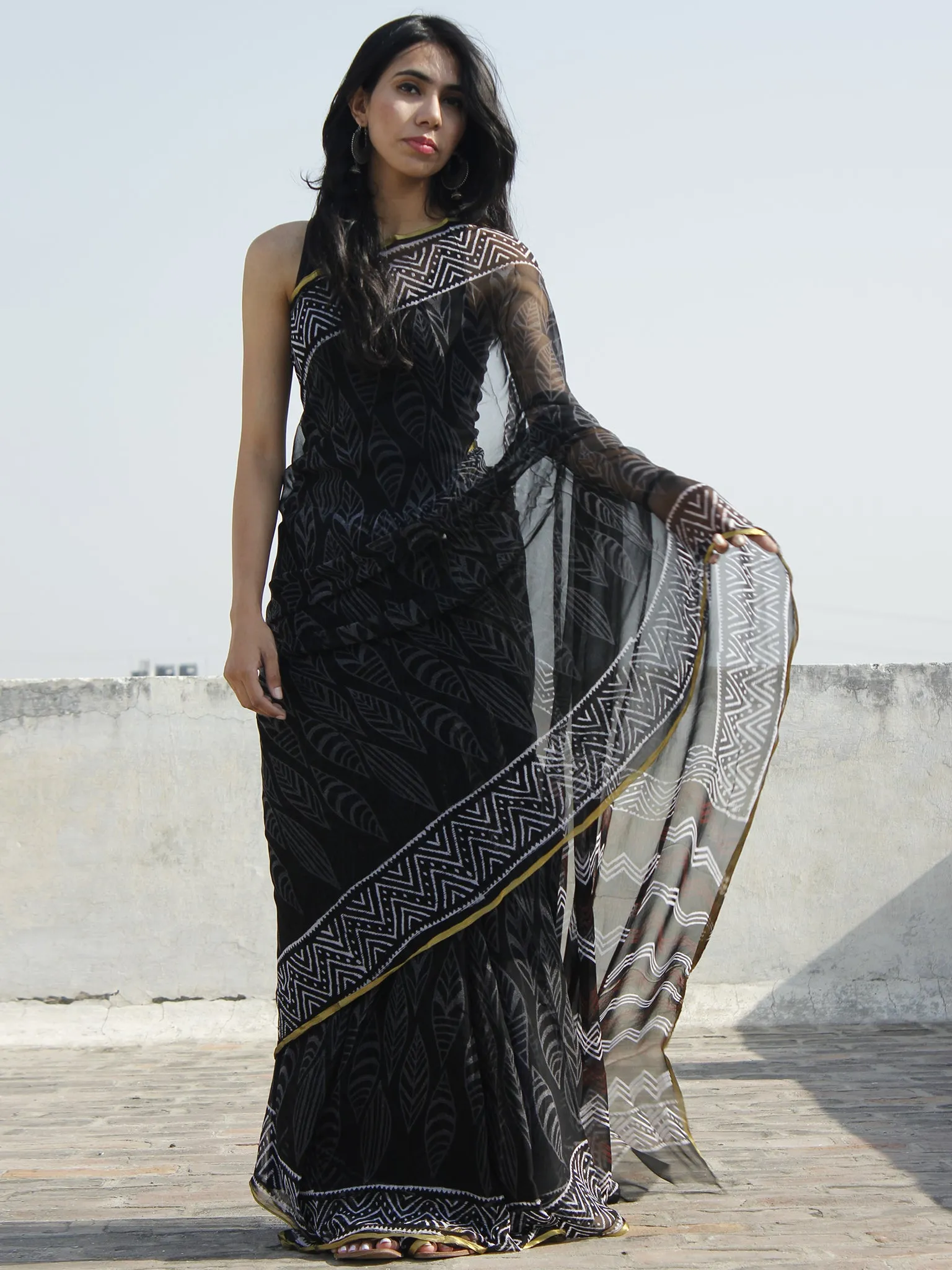 Black White Grey Hand Block Printed Chiffon Saree - S031702323