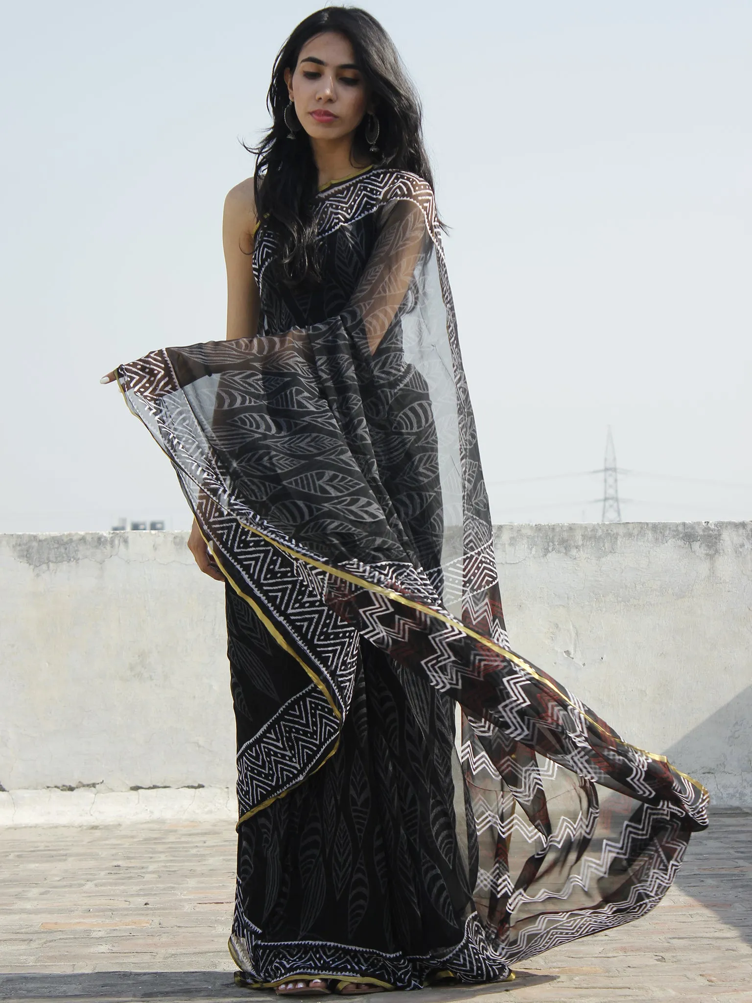 Black White Grey Hand Block Printed Chiffon Saree - S031702323