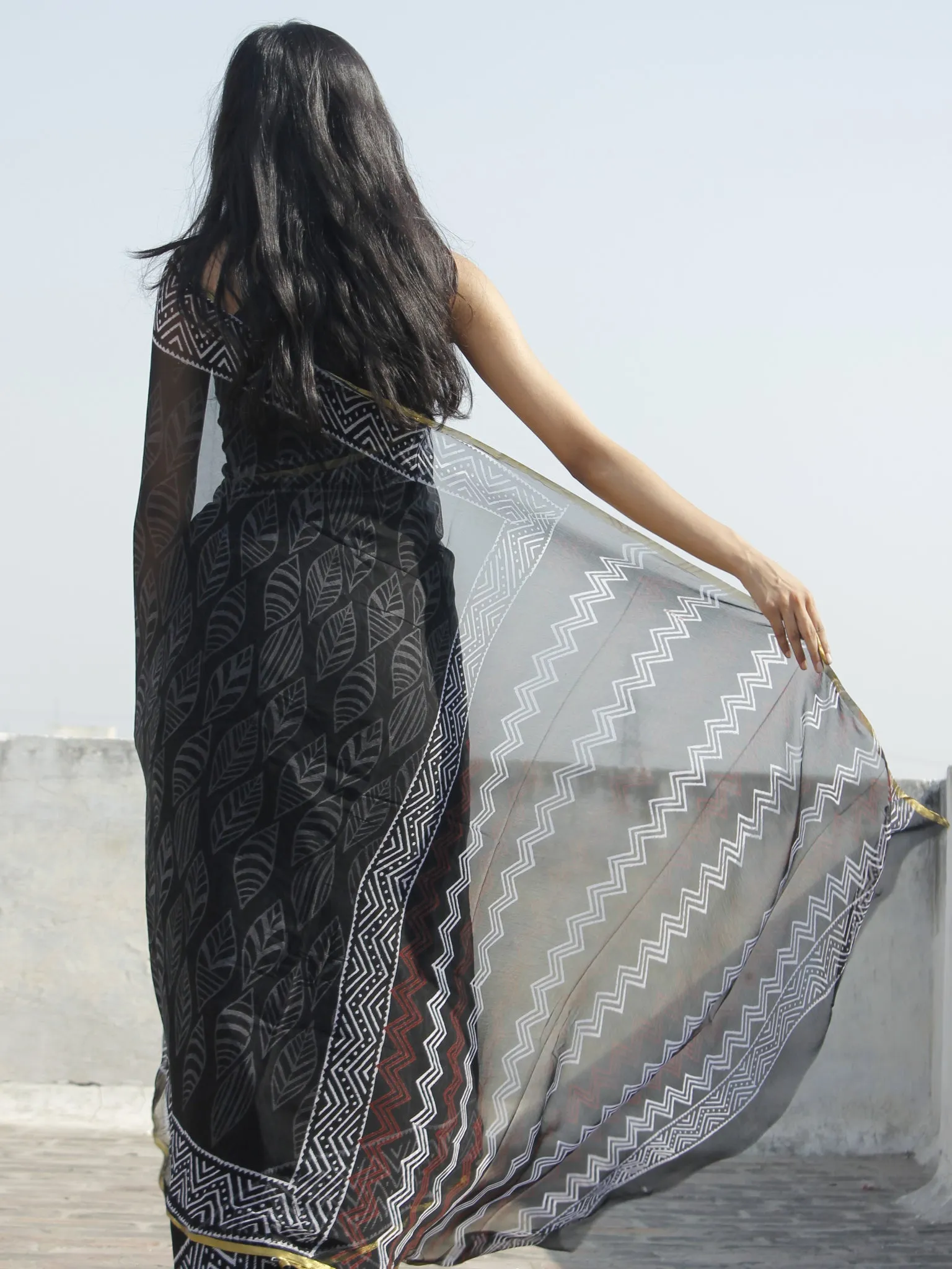 Black White Grey Hand Block Printed Chiffon Saree - S031702323