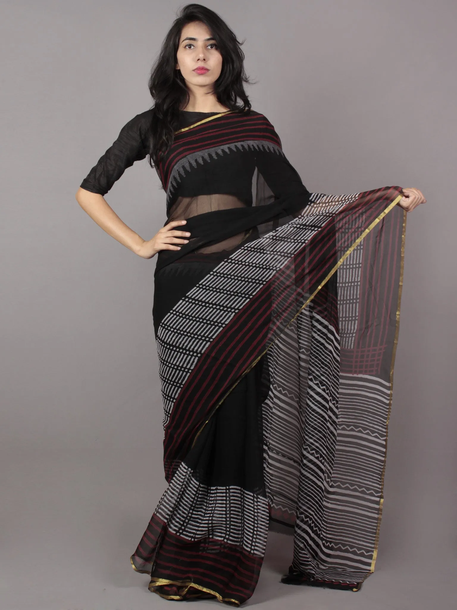 Black White Red Hand Block Printed Chiffon Saree - S031701671