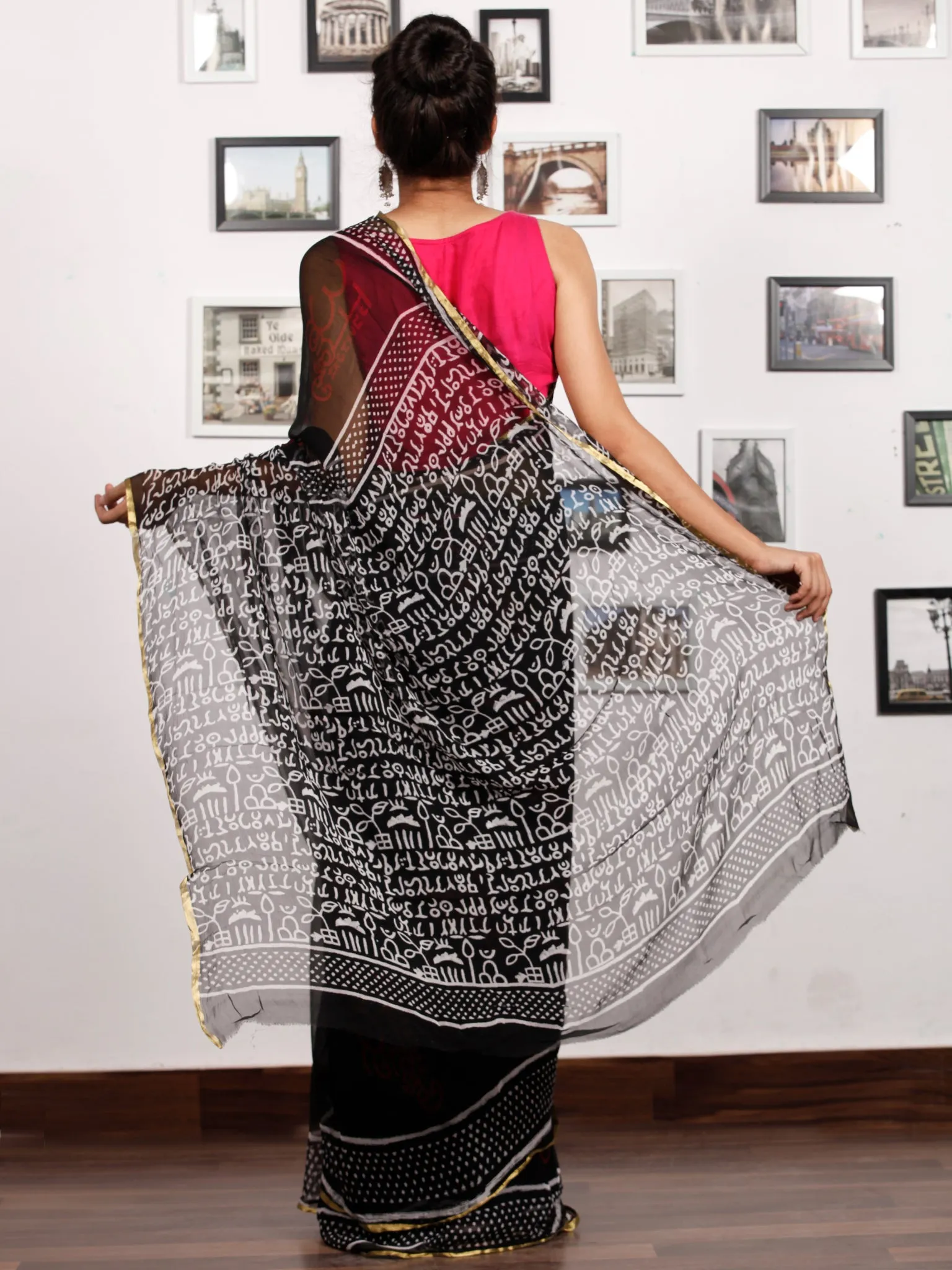 Black White Red Hand Block Printed Chiffon Saree with Zari Border - S031703170