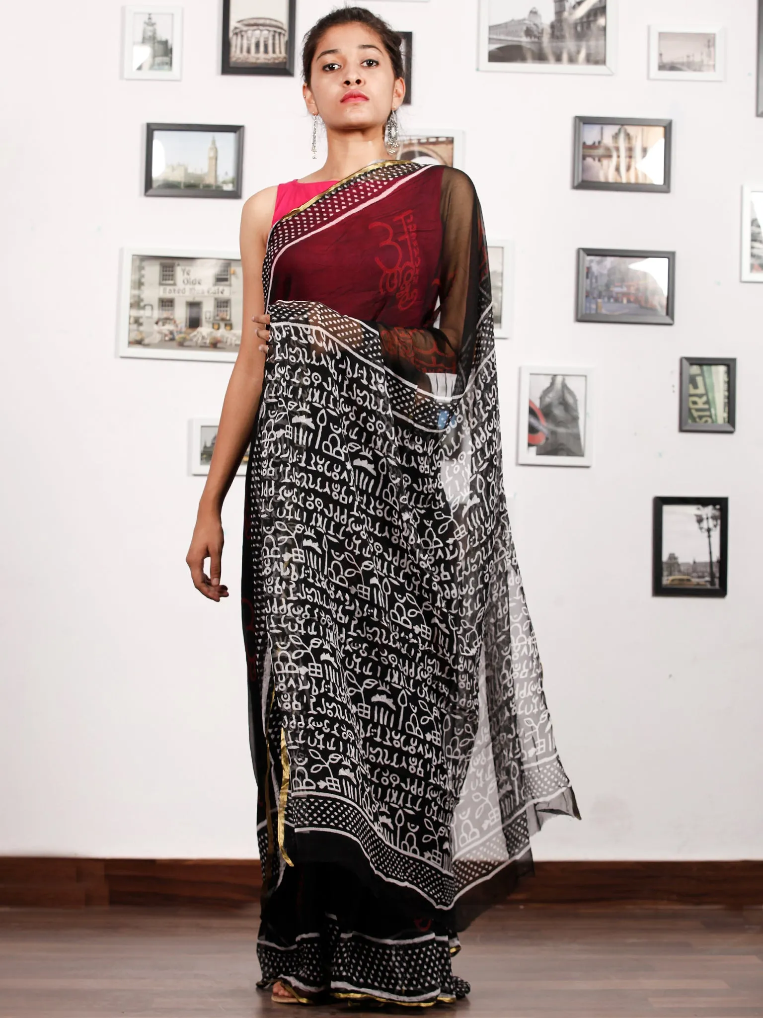 Black White Red Hand Block Printed Chiffon Saree with Zari Border - S031703170