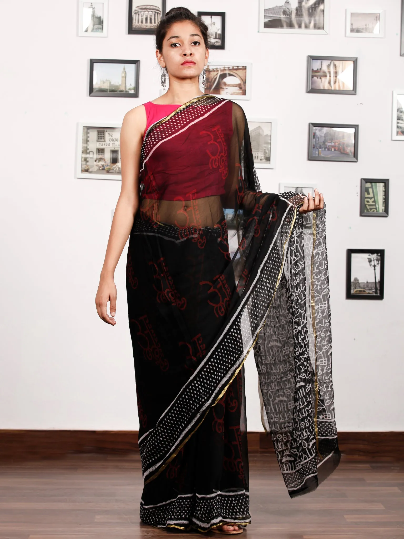 Black White Red Hand Block Printed Chiffon Saree with Zari Border - S031703170