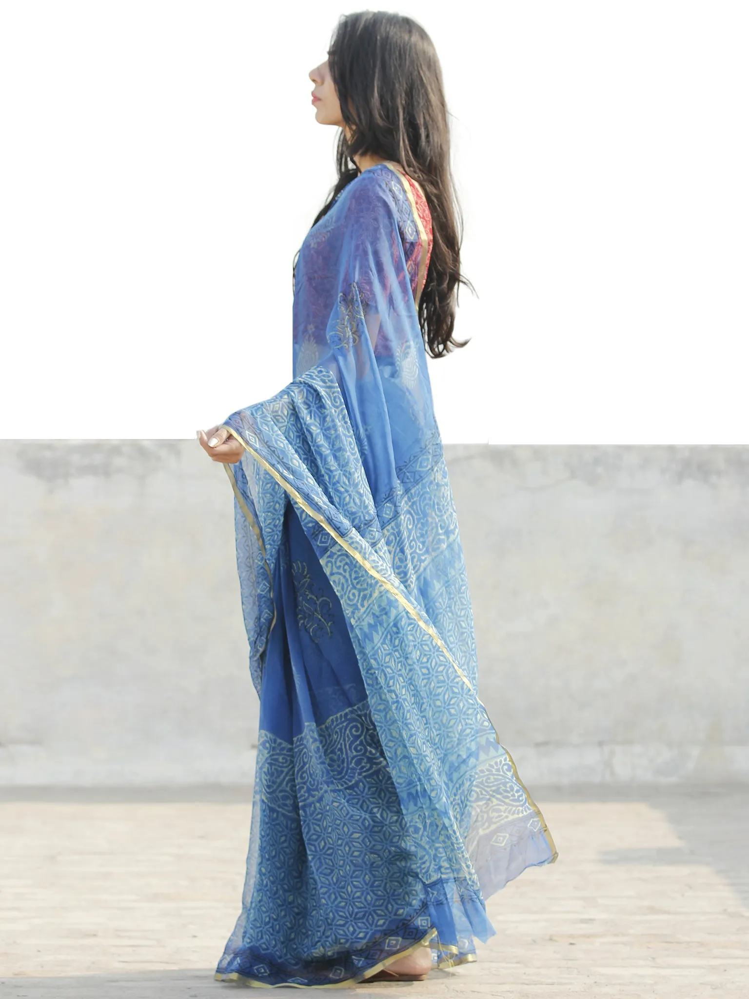 Blue Beige  Hand Block Printed Chiffon Saree with Zari border- S031702682