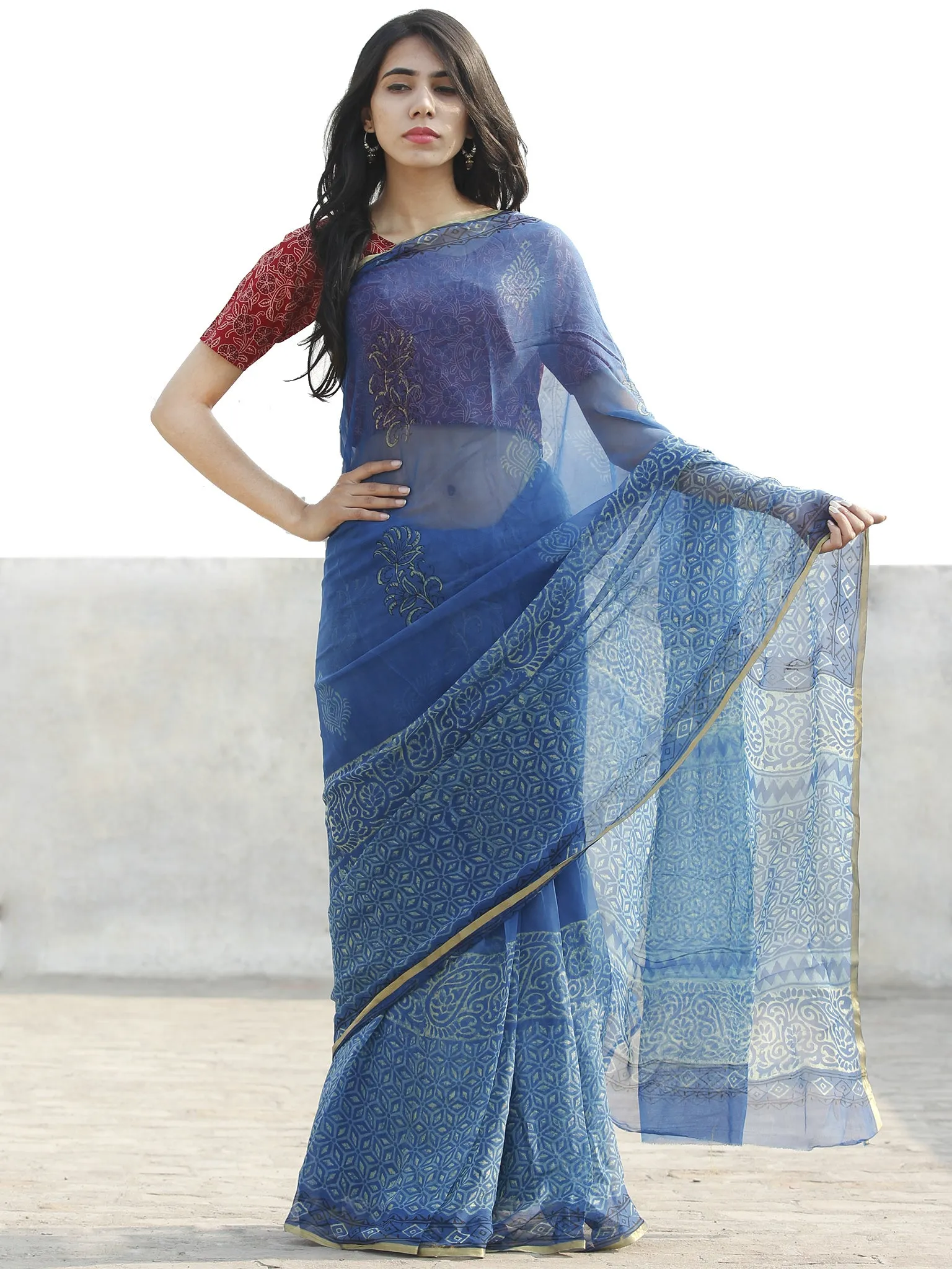 Blue Beige  Hand Block Printed Chiffon Saree with Zari border- S031702682