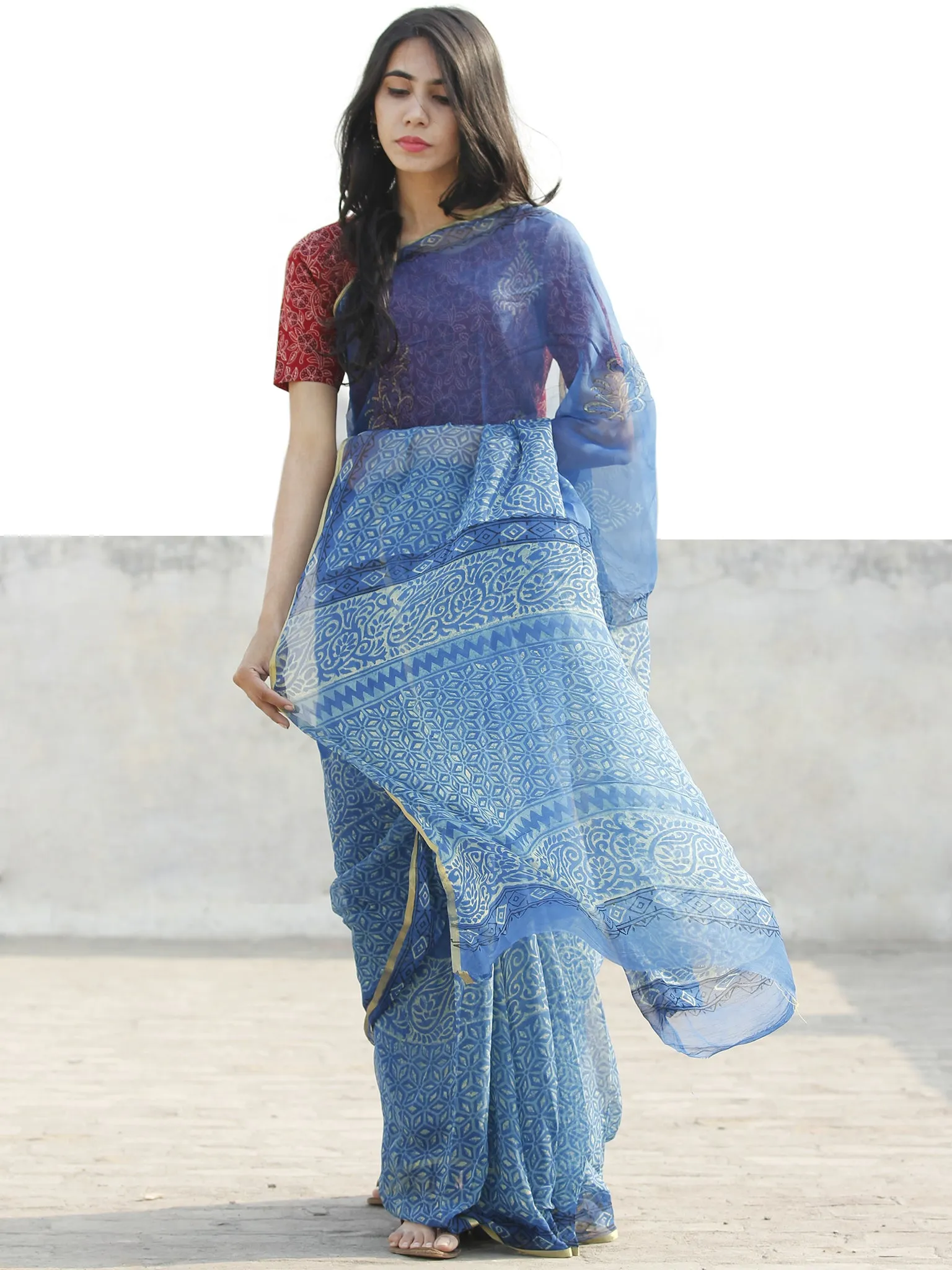 Blue Beige  Hand Block Printed Chiffon Saree with Zari border- S031702682