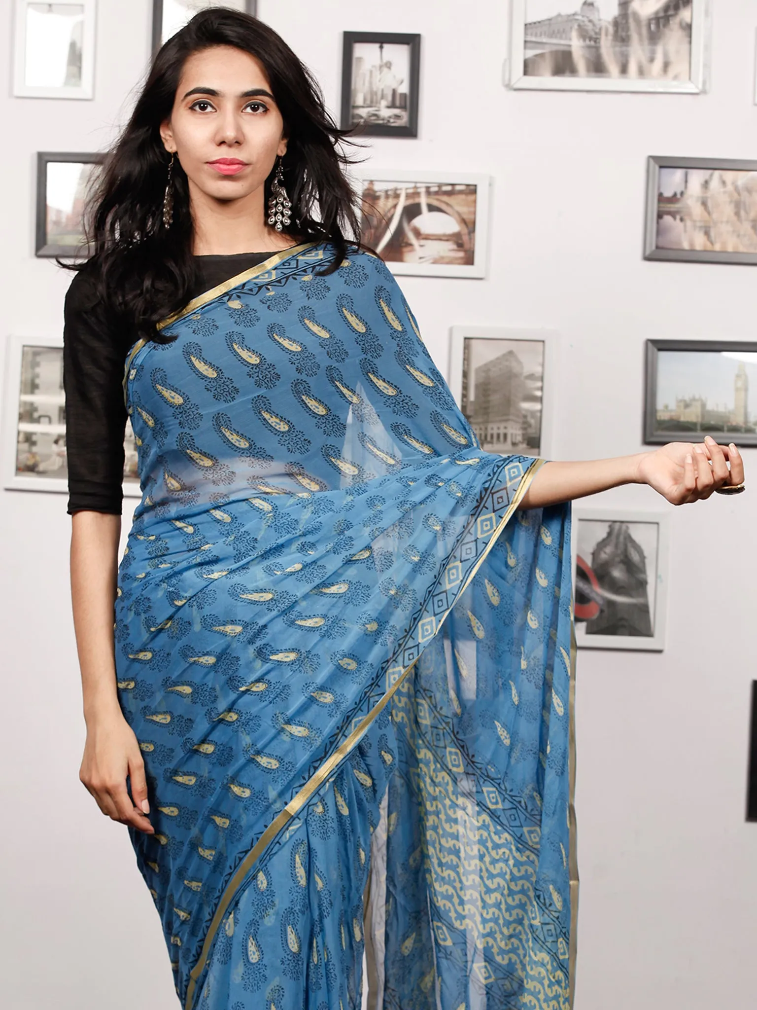 Blue Lime Black Hand Block Printed Chiffon Saree with Zari Border - S031703505