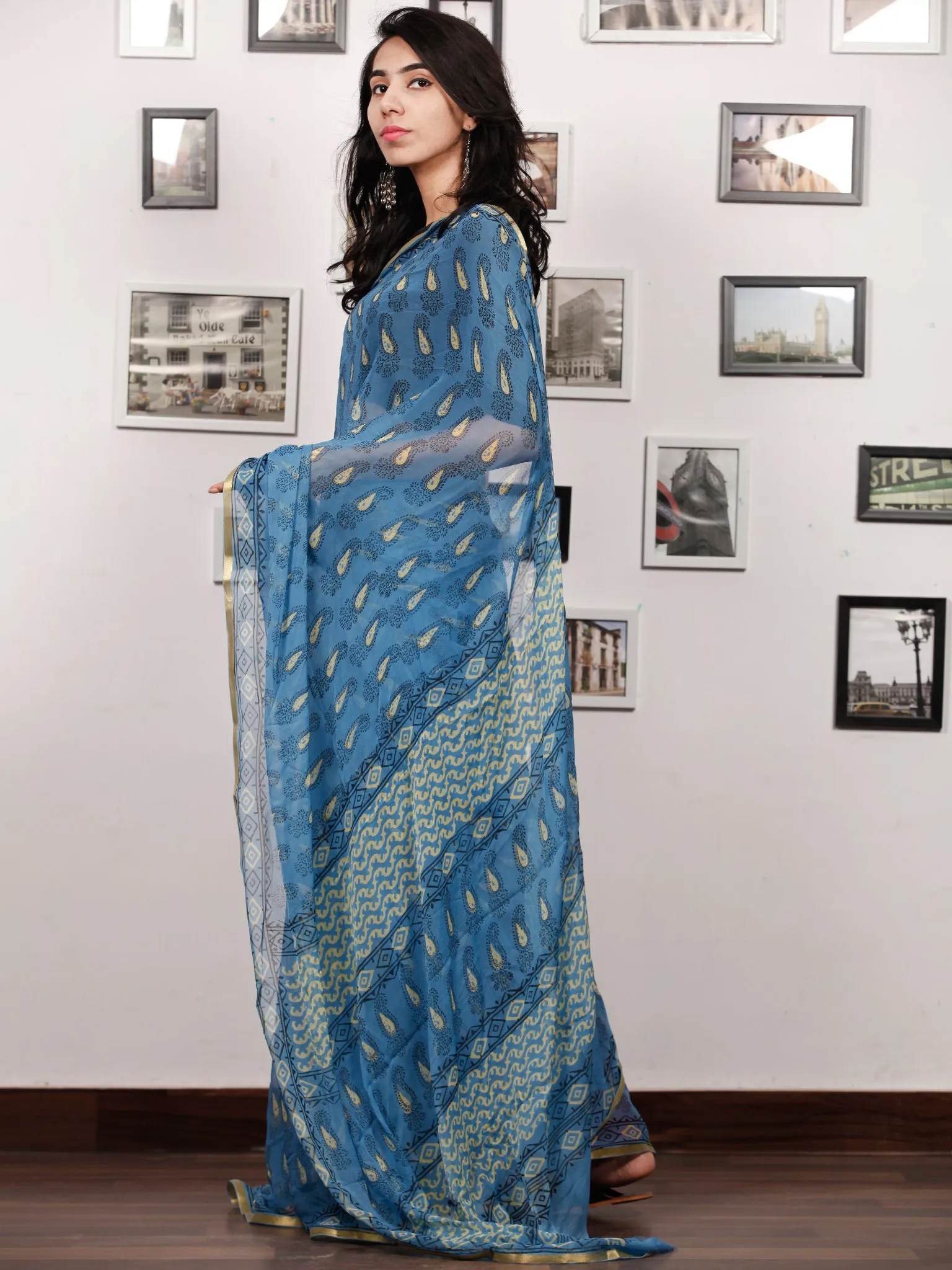 Blue Lime Black Hand Block Printed Chiffon Saree with Zari Border - S031703505