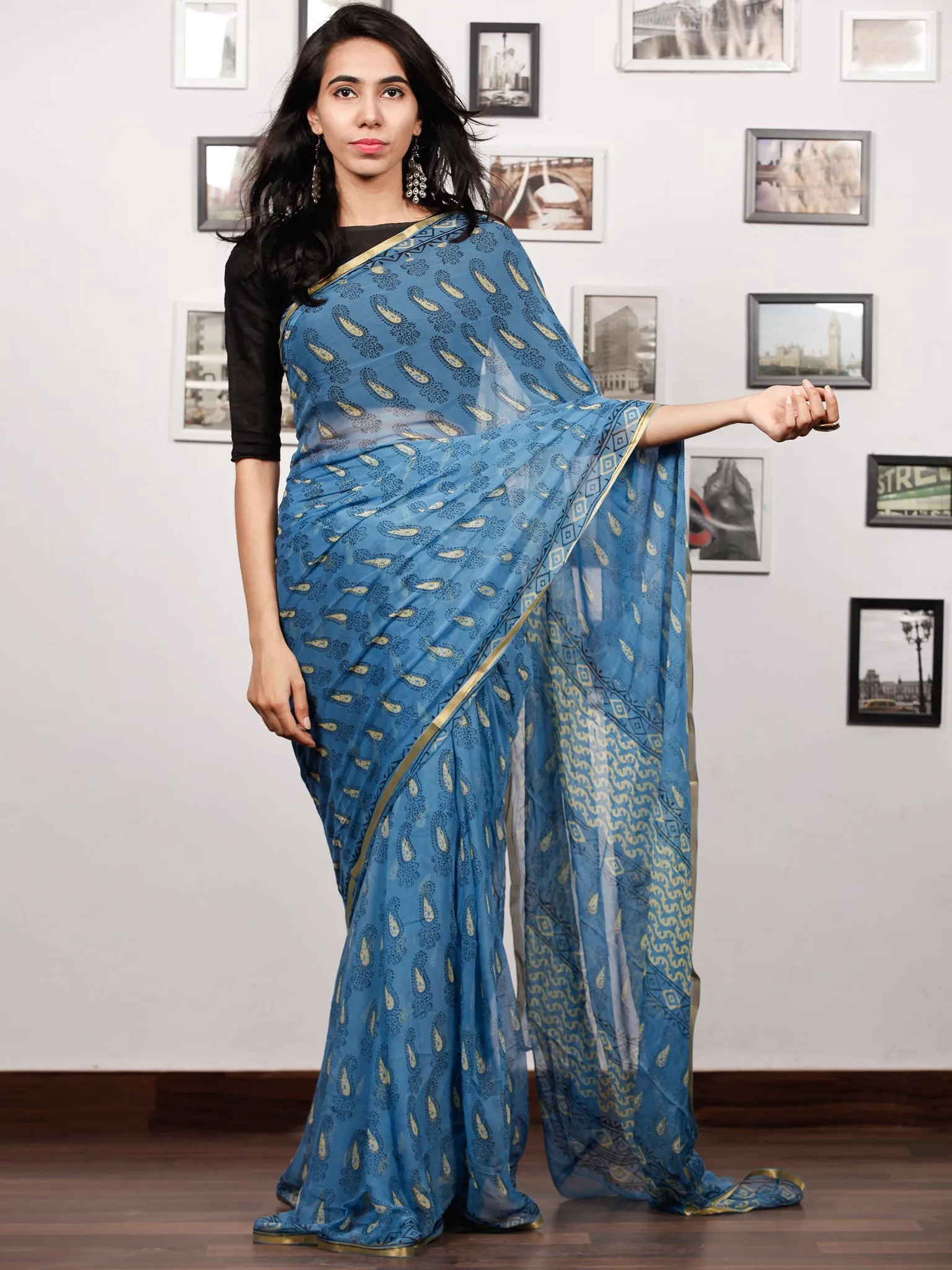 Blue Lime Black Hand Block Printed Chiffon Saree with Zari Border - S031703505