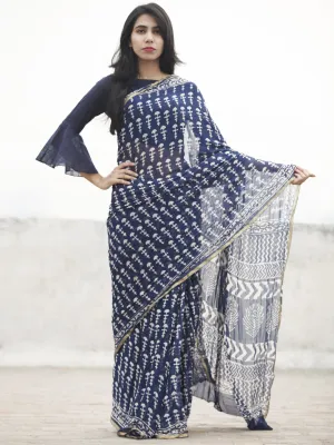 Blue white Hand Block Printed Chiffon Saree With Zari Border - S031702593