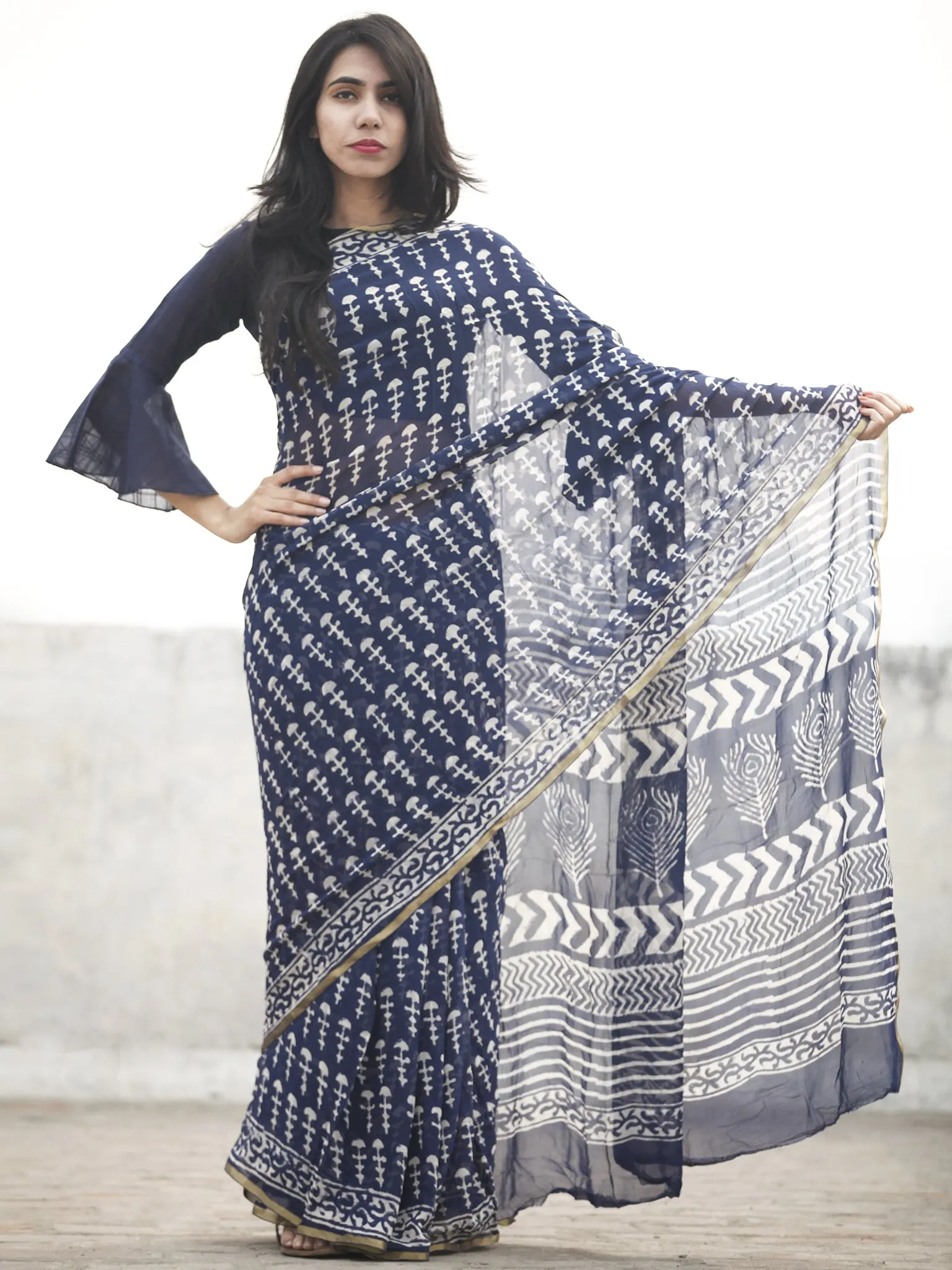 Blue White Hand Block Printed Chiffon Saree With Zari Border - S031702595