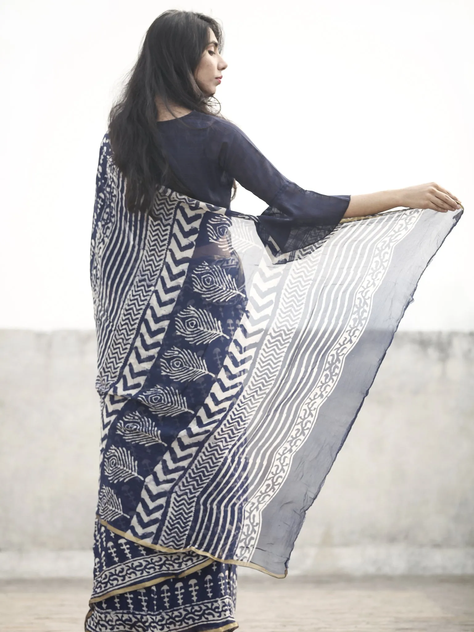 Blue White Hand Block Printed Chiffon Saree With Zari Border - S031702595