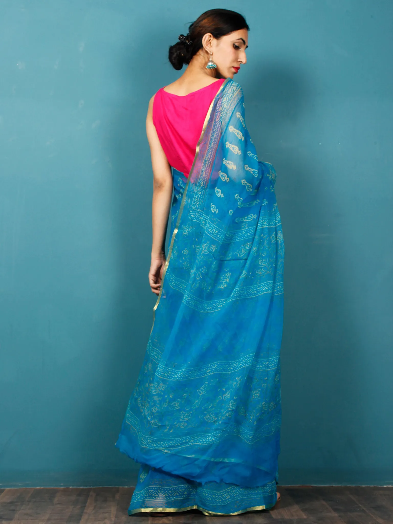 Blue Yellow Hand Block Printed Chiffon Saree with Zari Border - S031702813