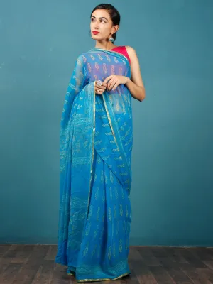 Blue Yellow Hand Block Printed Chiffon Saree with Zari Border - S031702813